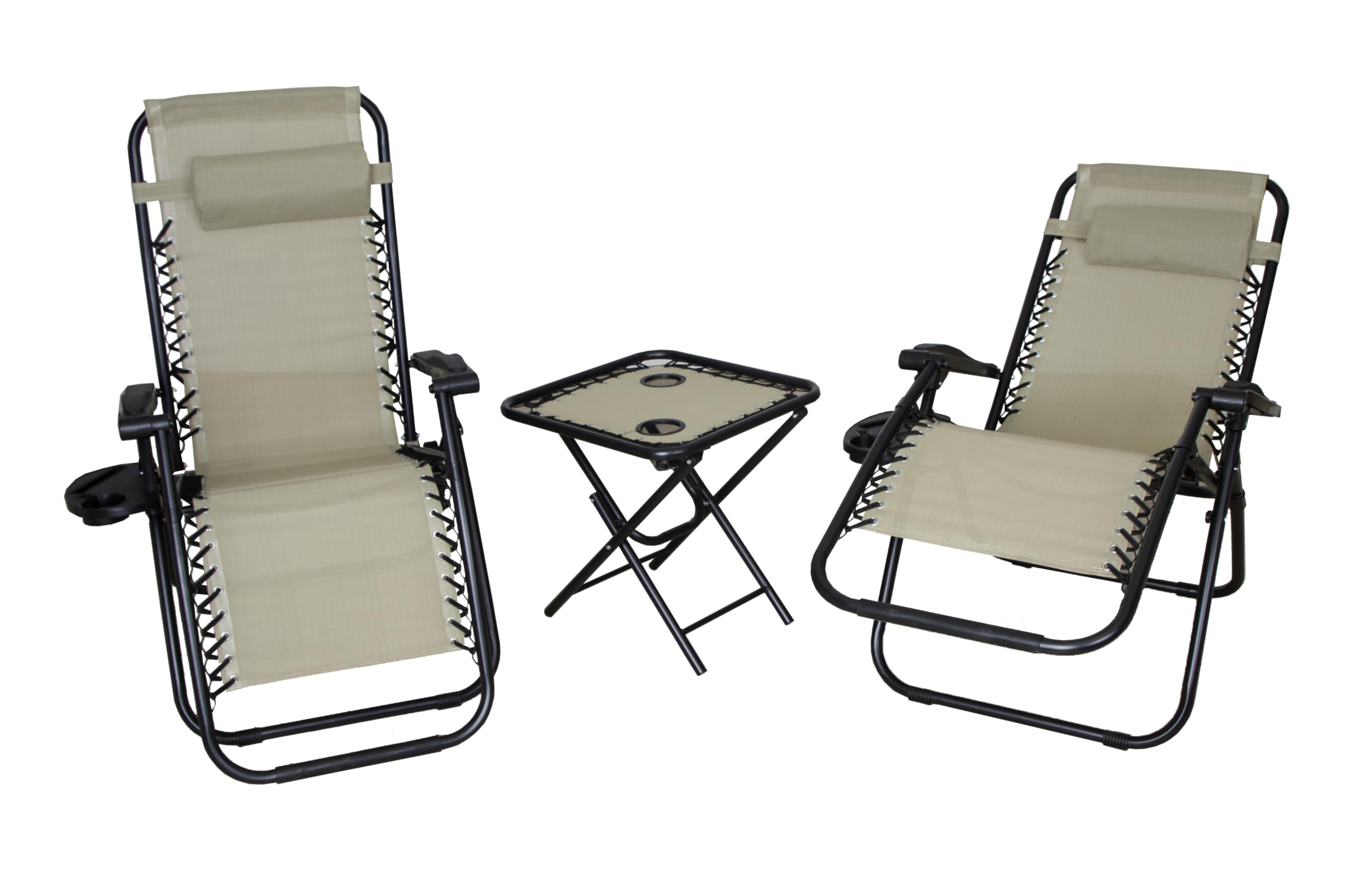 DUPI Set de 2 Sillas Plegables de Tela Beige y 1 mesita Auxiliar Plegable. Tumbonas de Gravedad Cero Ideal para Jardín, terrazas, Camping y Playa, Modelo Coctel
