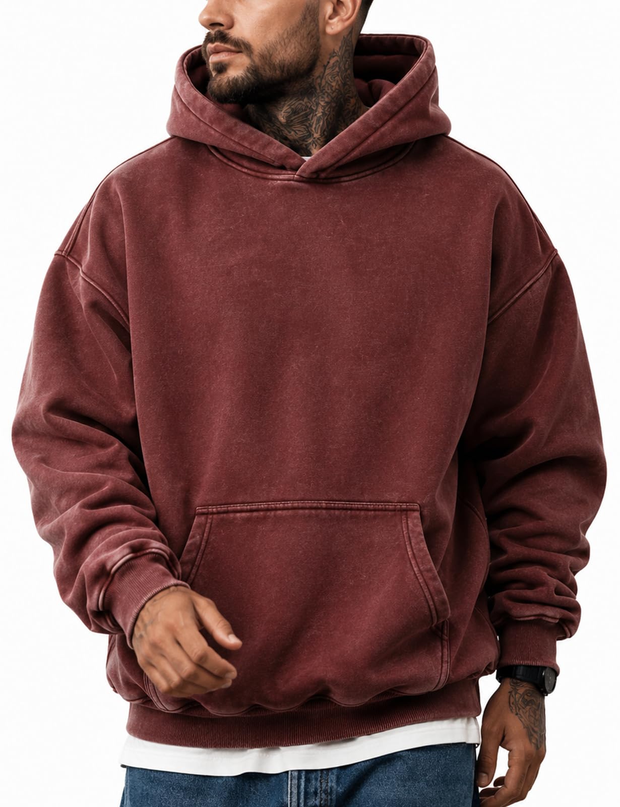 Mens Acid Wash Hoodies Oversized Hooded Pullover Sweatshirt