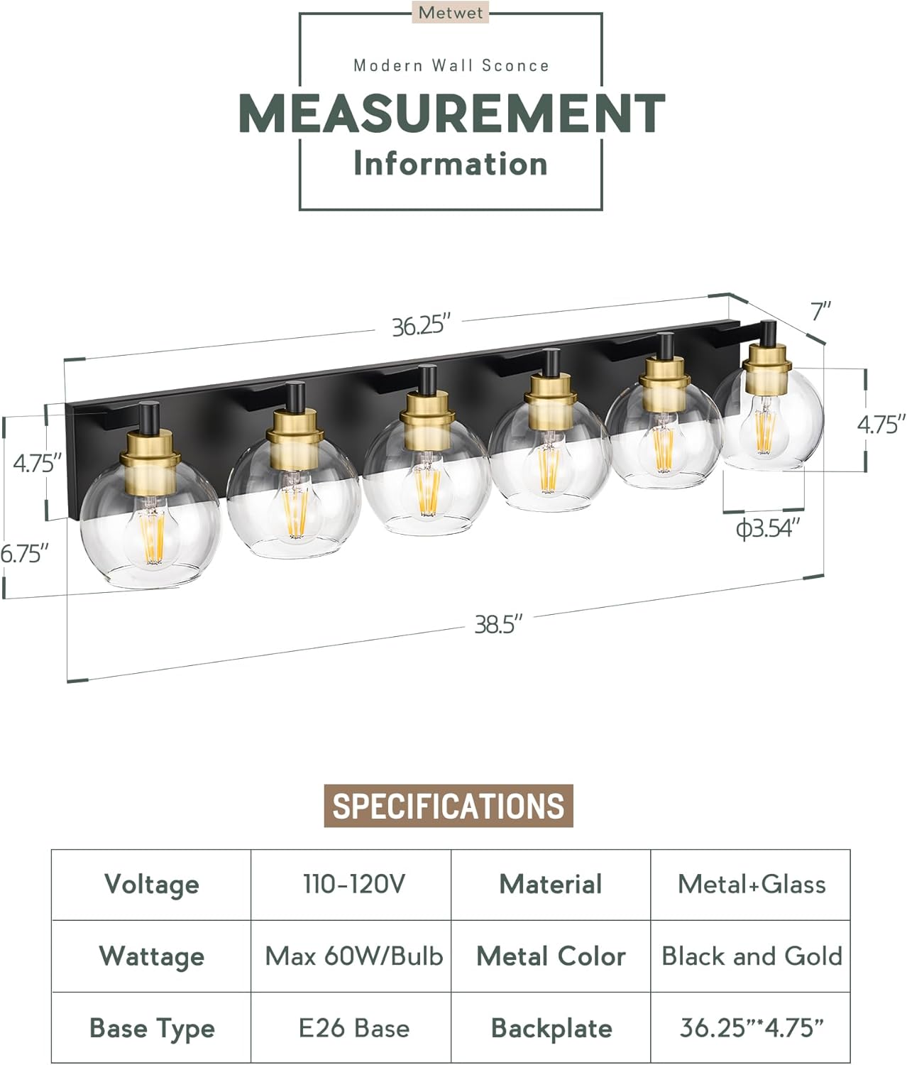 Bathroom Light Fixtures, 6-Light Black and Gold Bathroom Vanity Light, 38 Inch Modern Wall Sconces with Globe Clear Glass Shade, Vanity Lighting Fixtures Over Mirror, VL195-KG-6