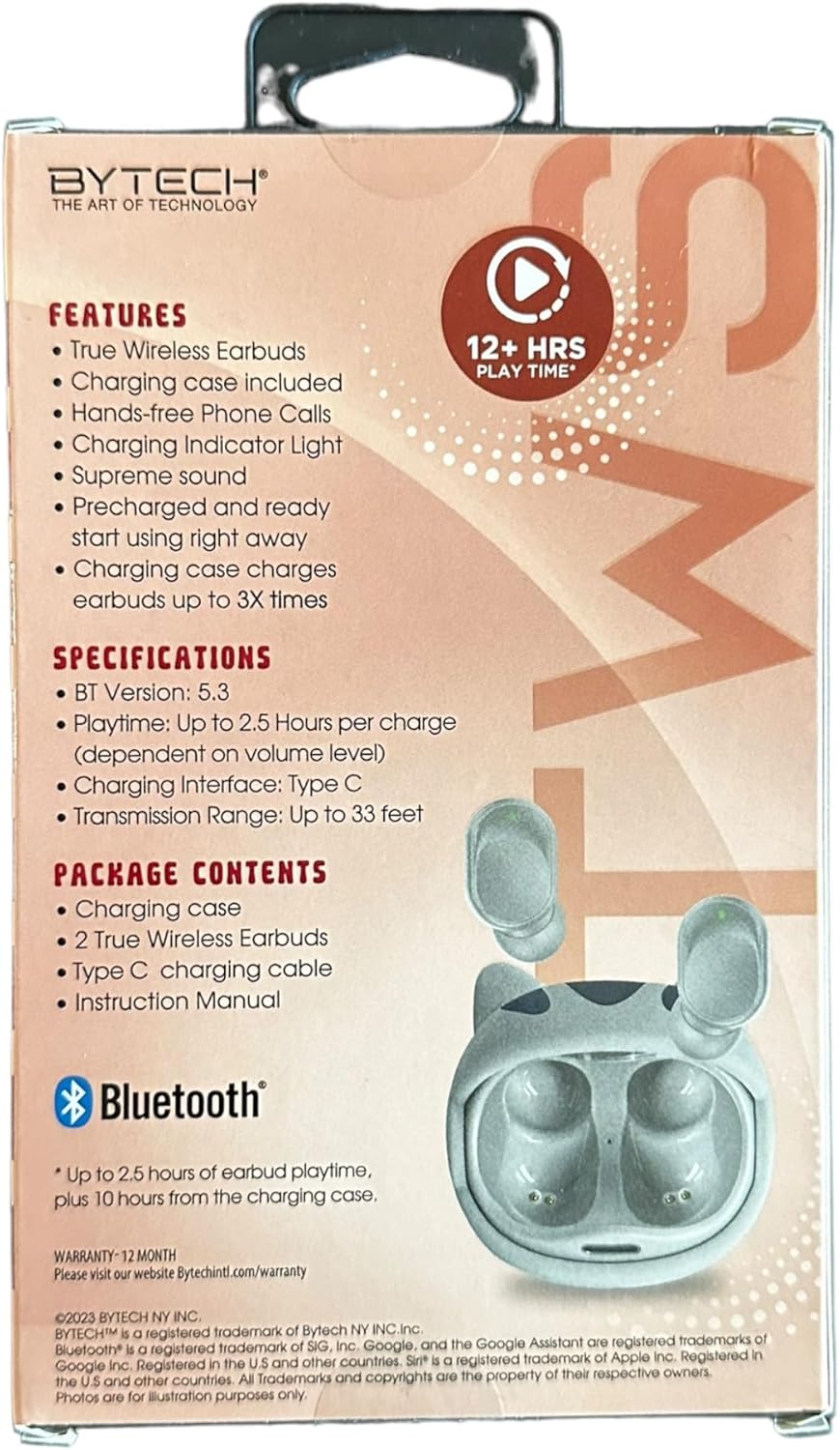 Tilbage view of the Bytech Earbud Headphones packaging, detailing features, specifications, and package contents.