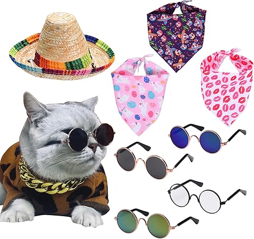pet k9 9 piezas divertido disfraz de perro y gato sombrero de paja para gato lentes que cambian de color para gato accesorios para perros bufanda de