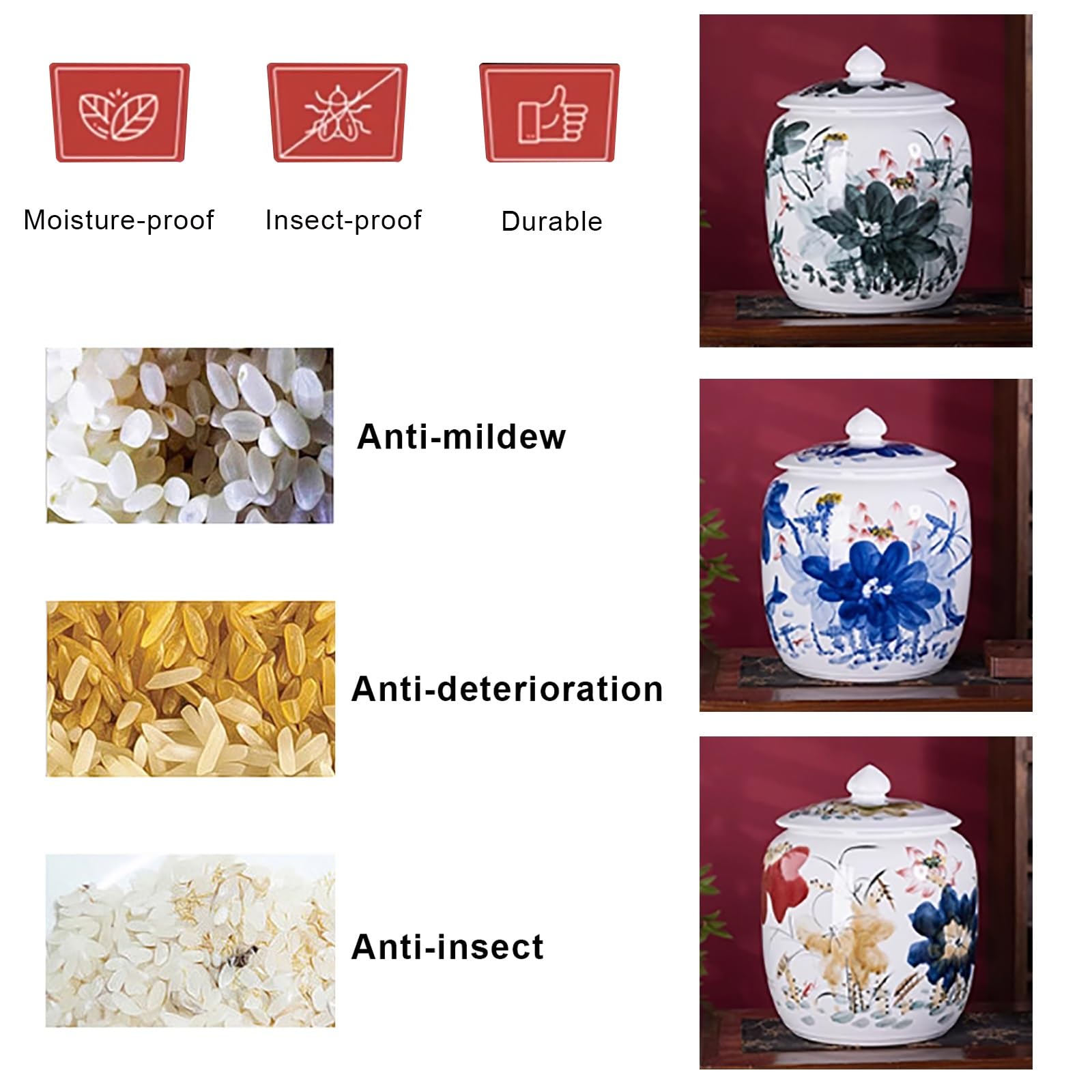 Chiński ceramiczny słoik na ryż, pojemnik do przechowywania żywności, duży dozownik ziarna z pokrywką, ceramiczne pojemniki wiadro na płatki śniadaniowe, mąkę, cukier, kawę, karmę dla zwierząt