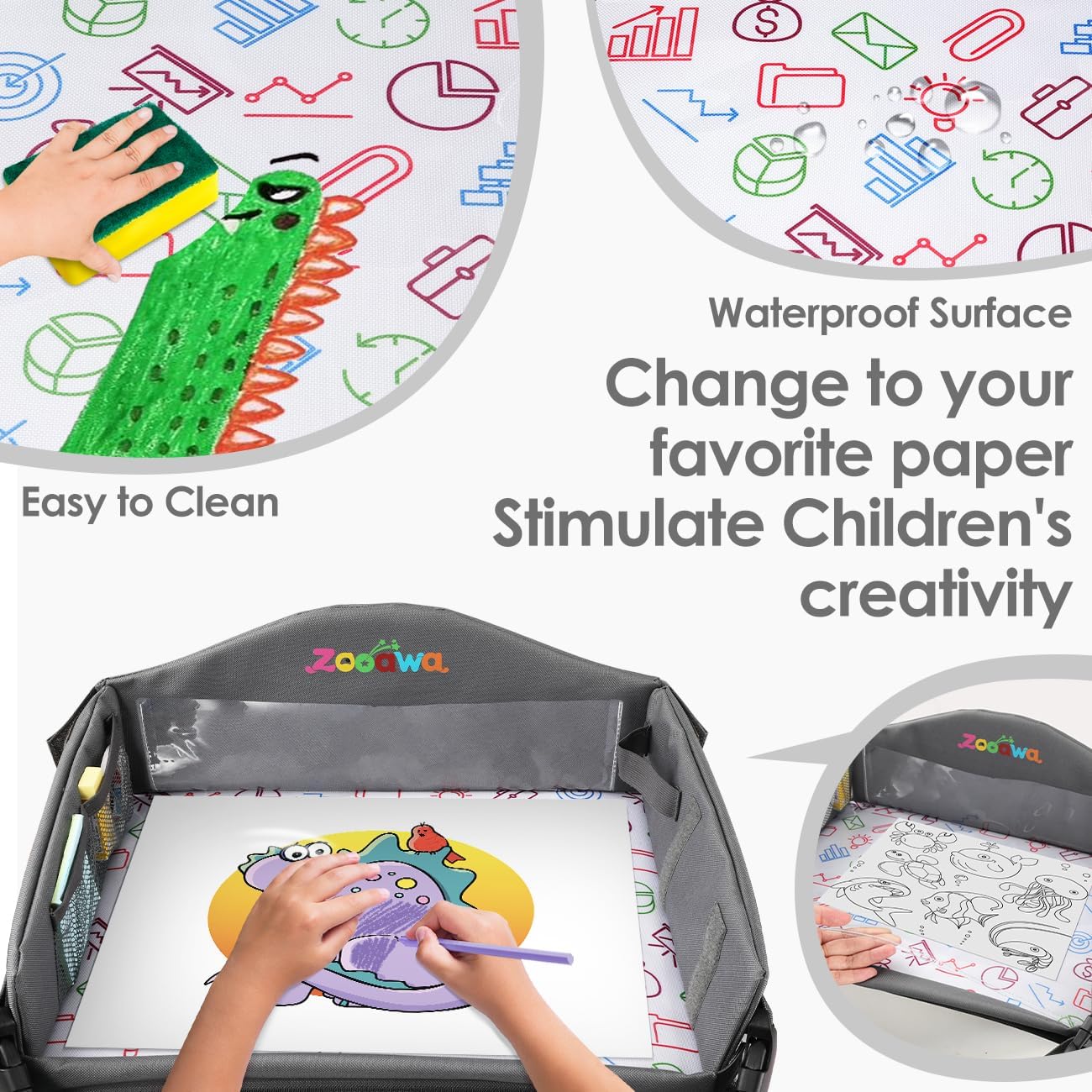 Zooawa Kids Travel Tray, Car Seat Tray for Kids Toddlers Car Seat, Toddler Car Seat Lap Tray, Road Trip Essentials Activity Table, Carseat Table Tray for 36M+ Kids Road Trip Activities, Gray