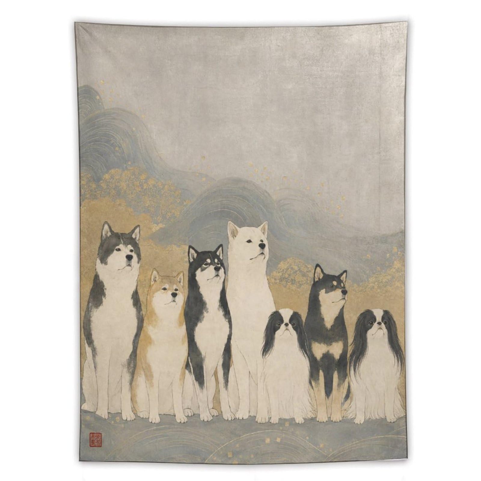 H3B8U2Y5 Shiba Inu Group Wall Tapestry, Realistic Illustration, Living Room