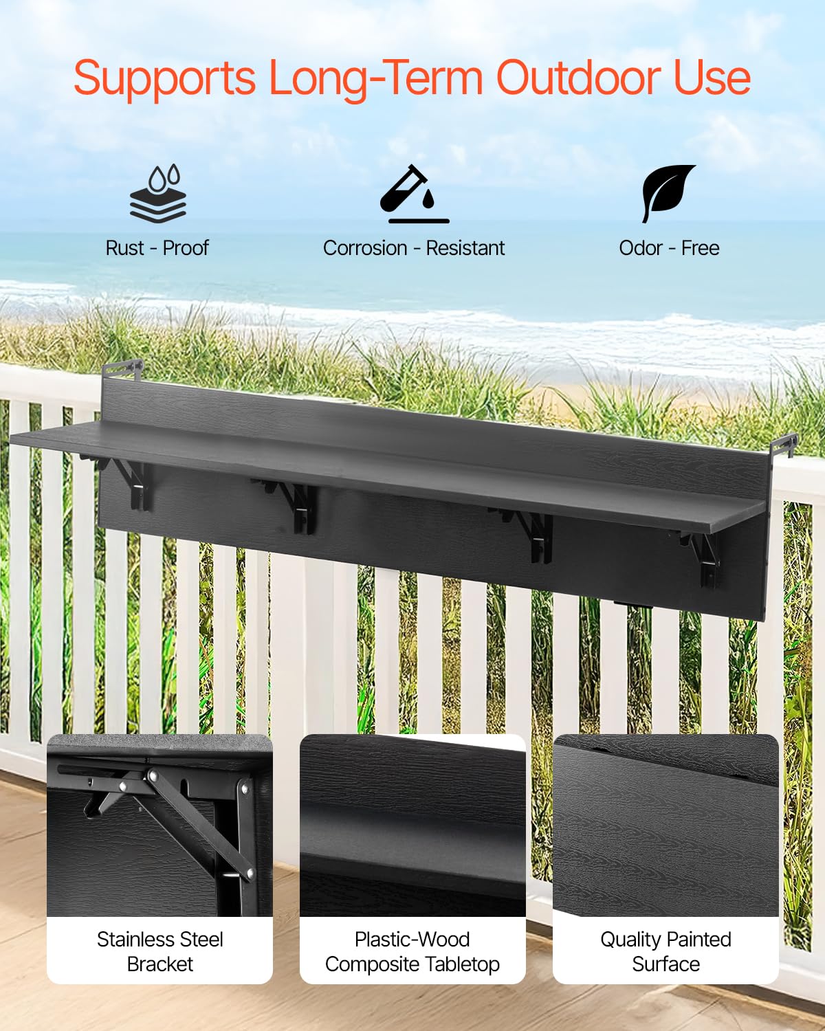 VEVOR Tavolo Sospeso Pieghevole in Metallo per Ringhiera del Balcone da 1500 x 450 x 240 mm, Tavolo da Bar all'Aperto per Ringhiere, per Ringhiere e Patio e Terrazza Staffa in Acciaio Inox