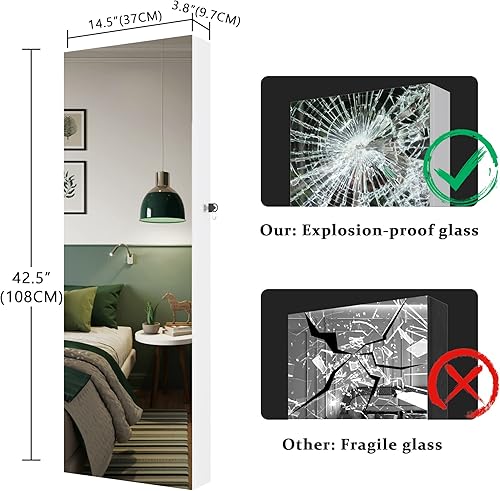 Miniatura 5 de HNEBC Organizador de joyas montado en la pared con 6 luces LED armario de joyería con espejo armario de joyería de espejo de longitud completa