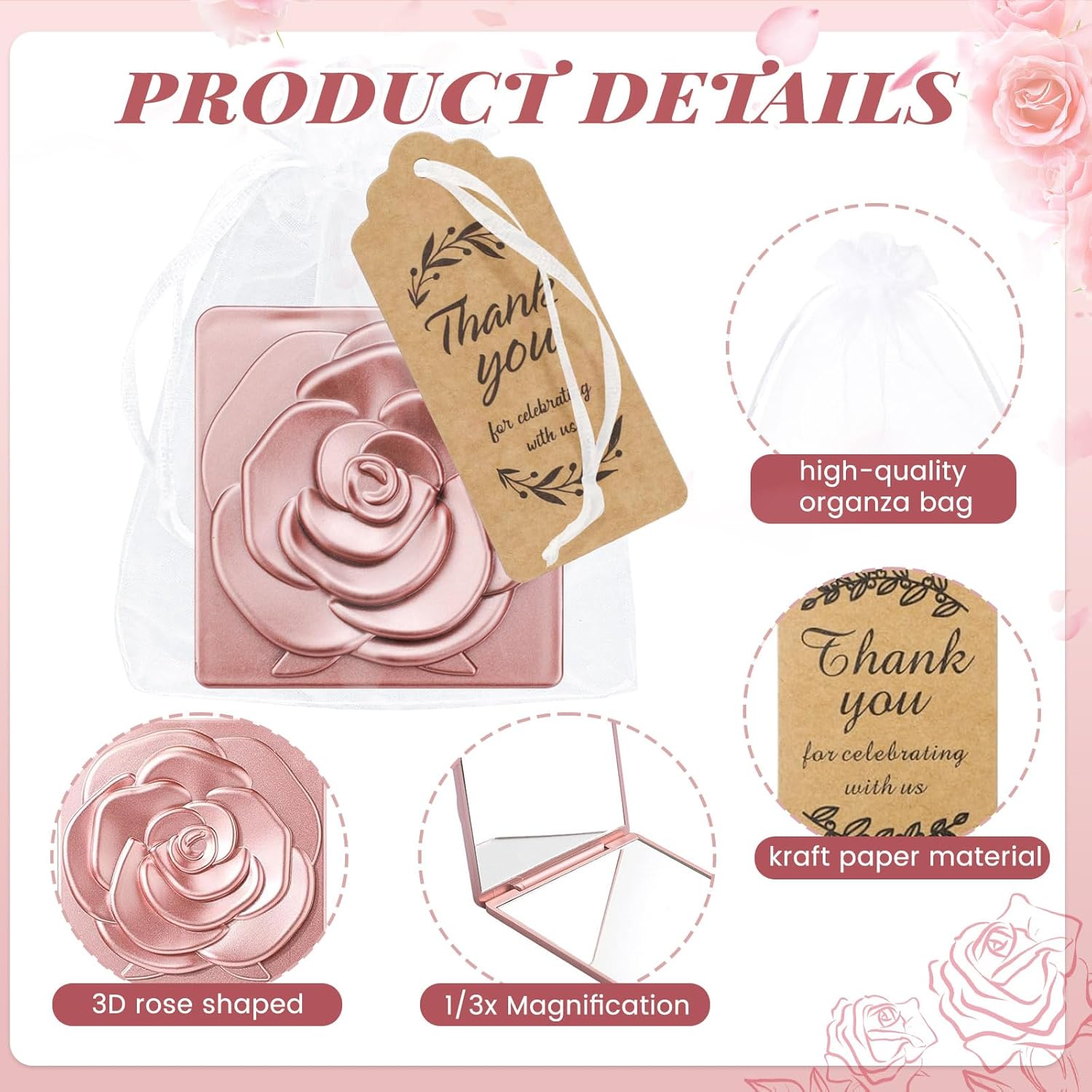 40 Sets of Bulk Compact Mirrors, Rose Compact Mirror Bulk, Roses Wedding Party Favors for Guests, Rose Party Favors with Thank You Tag and Organza Bag, Presents for Women (Rose Gold)
