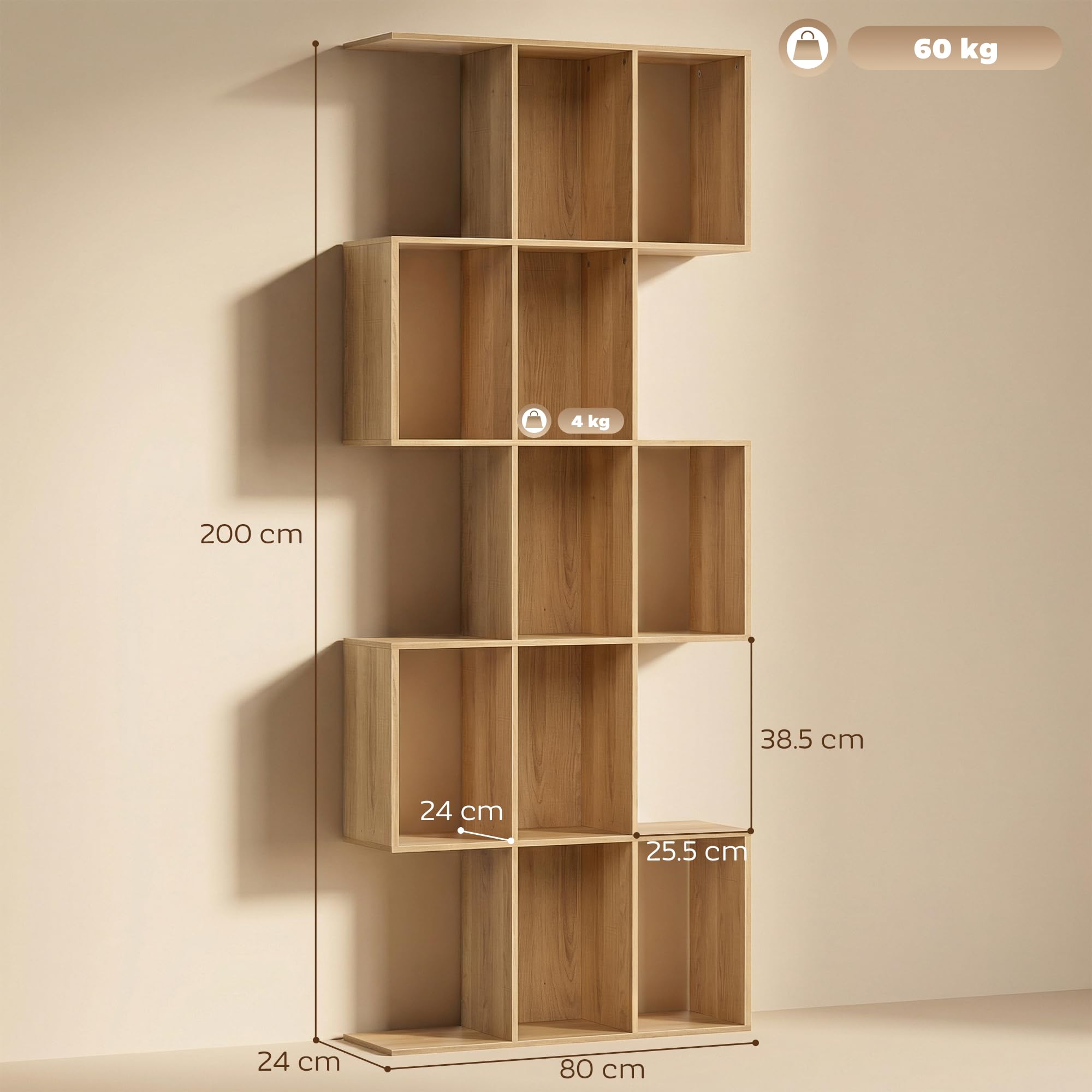 HOMCOM Libreria Scaffale a 5 Ripiani in Legno a Forma di S, Libreria Verticale Salvaspazio con 15 Compartimenti, Scaffale Portaoggetti per Soggiorno, Camera da Letto e Ufficio, Rovere