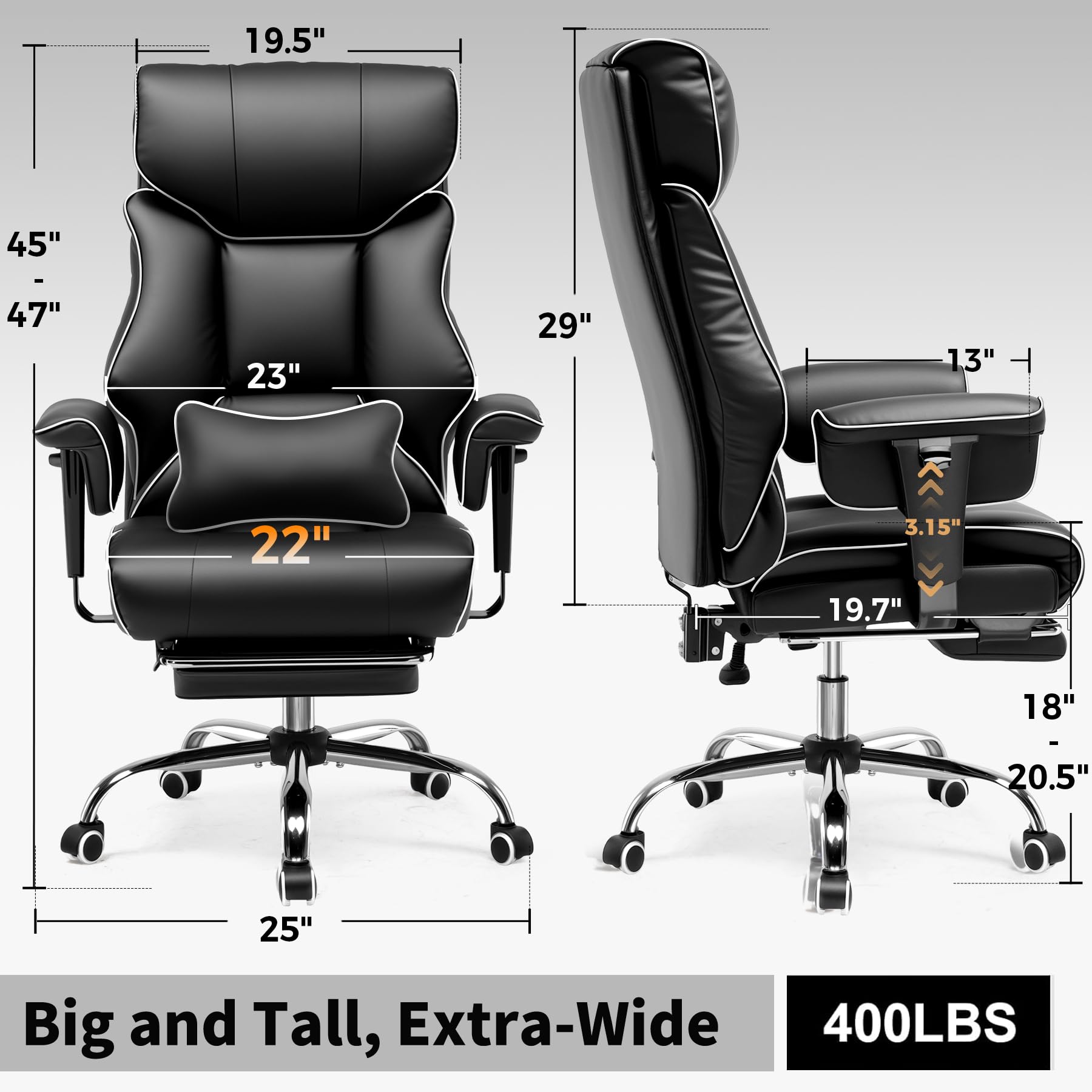 GTPLAYER Big and Tall Gaming Chair 400lbs Heavy Duty Office Chair with Foot Rest & Ergonomic Pocket Spring Cushion, High Back Lumbar Support for Lower Back Pain Relief, White/Black view 2