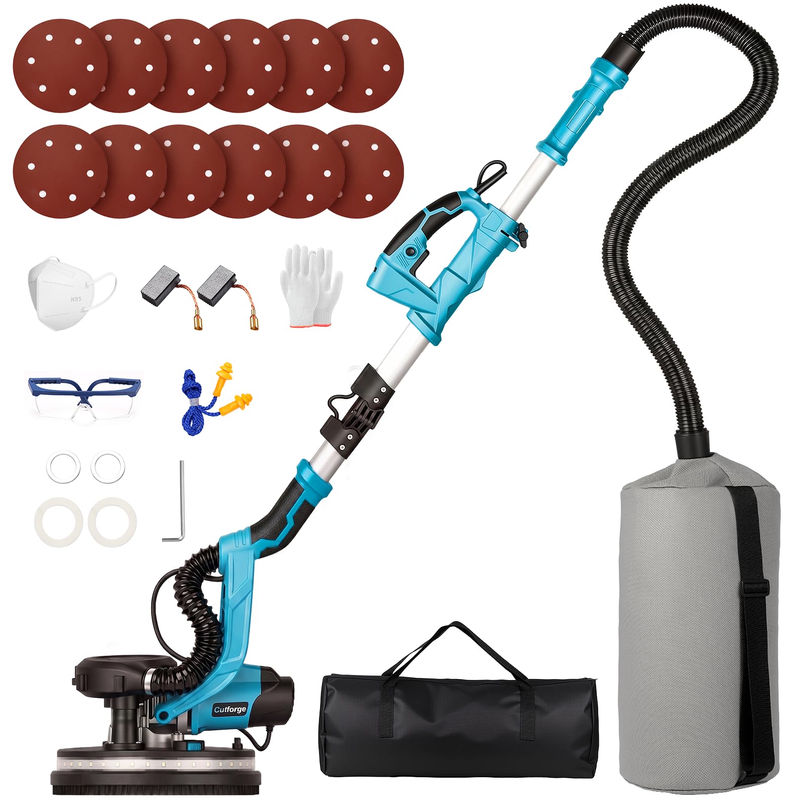 Cutforge Drywall Sander - 1050W Wall Sander with Vacuum Auto Dust Collection LED Light 7 Speeds Foldable Extendable Electric Drywall Sander for Walls Popcorn Ceiling, 12 Pcs Sanding Discs,Blue