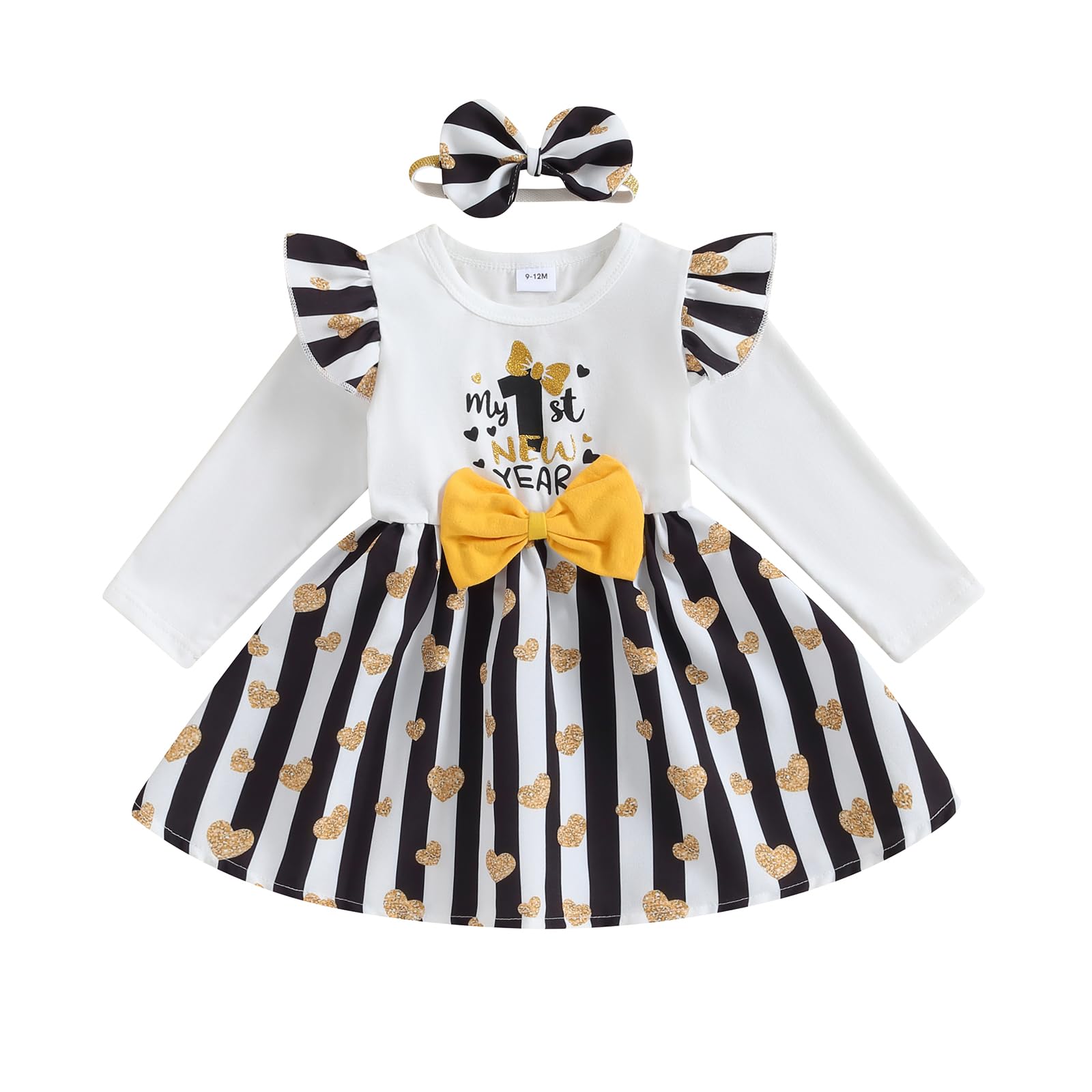 My First New Years Baby Girl Outfit 2025 Baby Girl Long Sleeve Ruffles Dress with Headband New Years Eve Clothes
