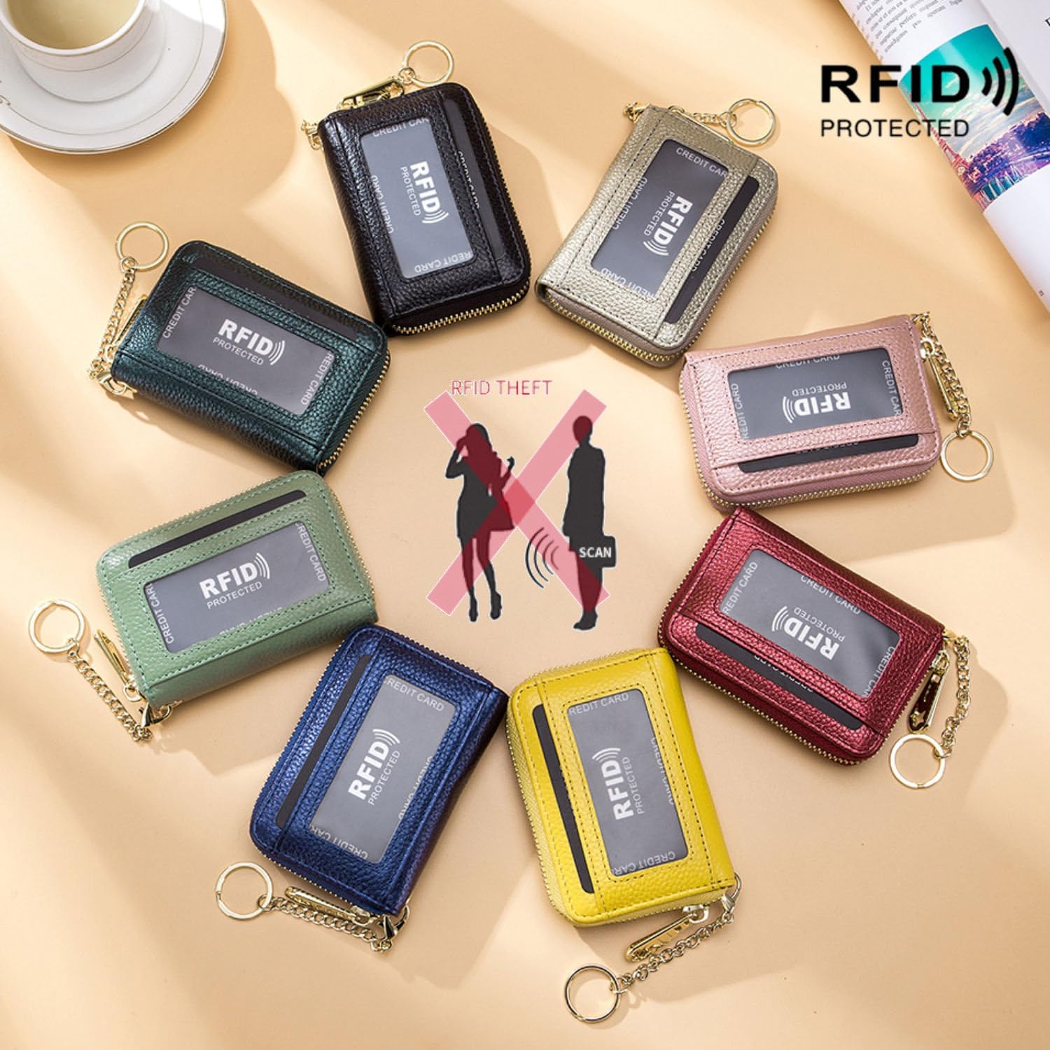 Tapp Collections RFID Credit Card Holder, Small Leather Zipper Card Case Wallet with ID Window & Detachable Keychain - Grass Green - Image 3