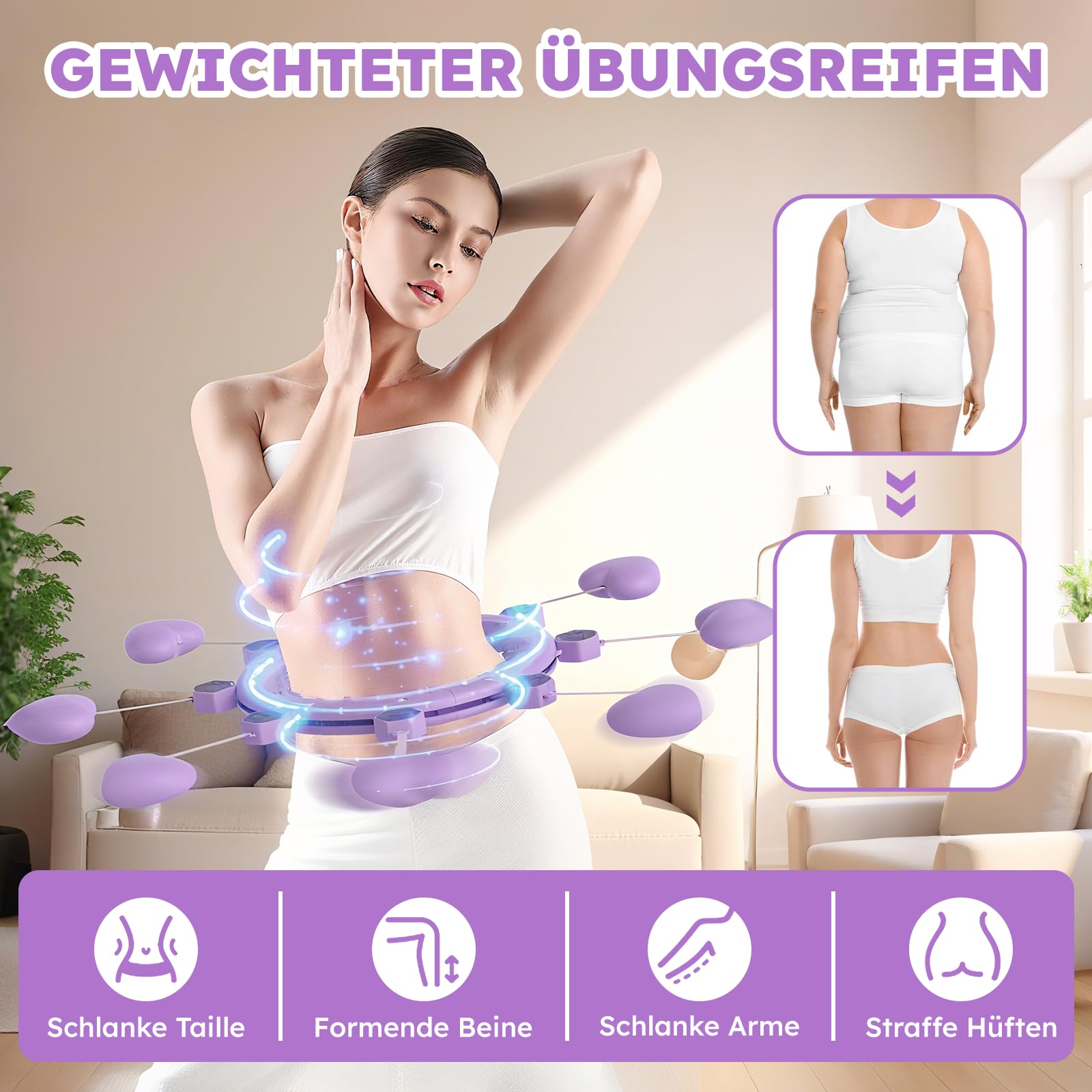 Smart Hula Hoop Reifen Erwachsene mit Gewicht Kugel und Hüftgürtel, Umfang (70-130cm) Abgebauter Fitnessreifenl, Hoopie Der Nie Herunterfällt für EIN Lustiges Training
