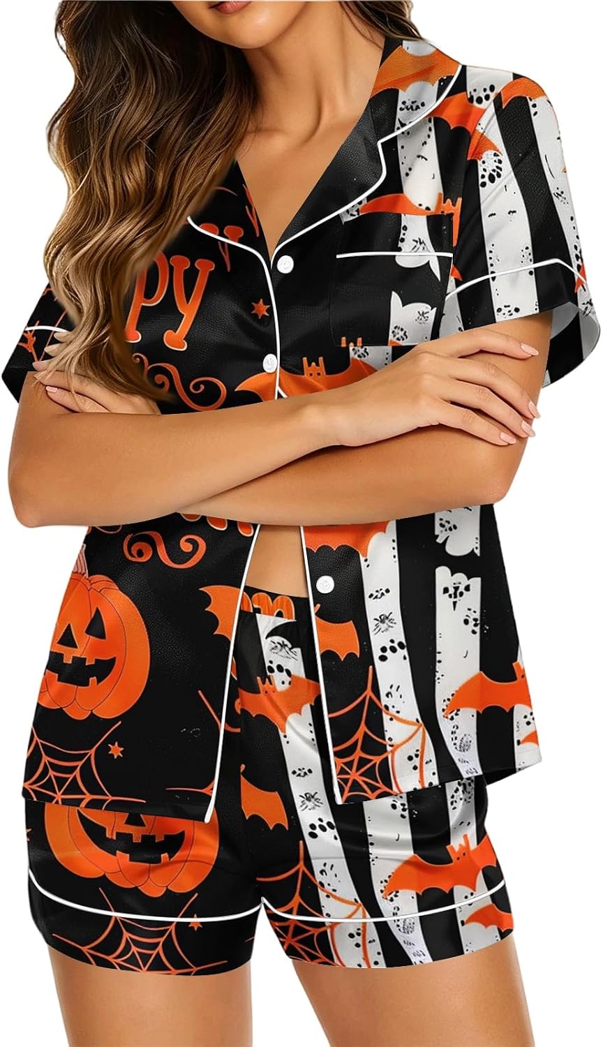 Women Short Sleeve Halloween Pajama Set Elastic Shorts Sleepwear Soft Fall Pjs with Ghost Bat Spider Pumpkin Skeleton