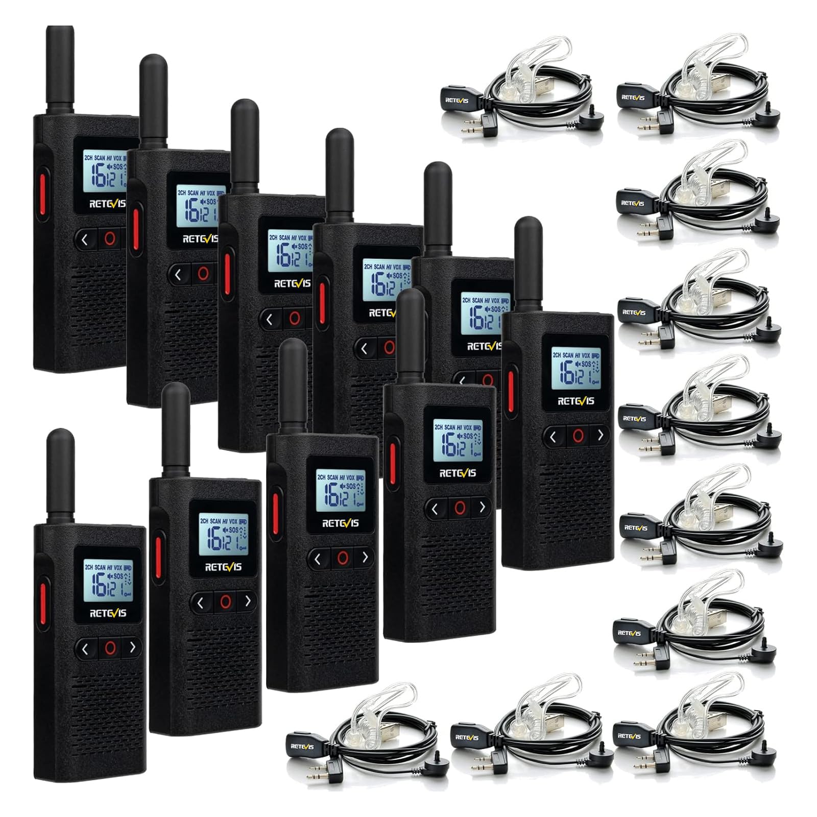 Retevis RB628 Walkie Talkie, PMR446 Mini Walkie-Talkie Professionali 1500mAh, Schermo LCD VOX, 1500mAh Ricetrasmittenti Ricaricabili con Auricolare per Scuola, Hotel, Ristoranti (10PZ, Nero)