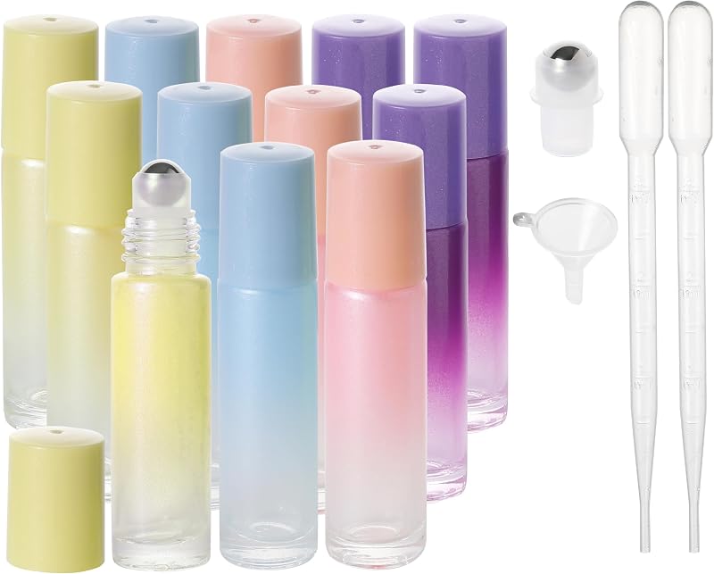 Frascos roll-on para perfume SESENSE de vidro, 10 mL, multicoloridos, pacote com 12