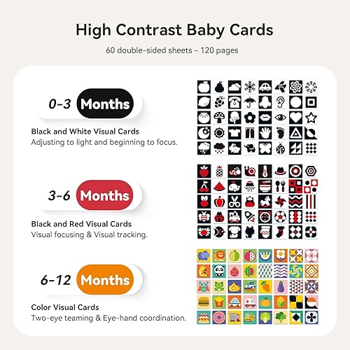 Miniatura 5 de Espejo giratorio seguro para bebés con tarjetas de estimulación visual de 120 páginas, juguetes de espejo de madera para el tiempo boca abajo,