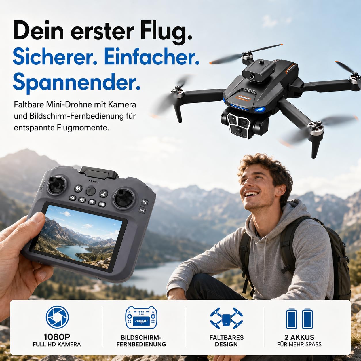 GPS Drohne mit Kamera 1080P Full HD, Faltbare Mini RC Quadrocopter mit Bildschirm-Fernbedienung, Auto Return, Headless Mode, 6-Achsen-Gyro, Anfänger Drohne ab 14 Jahren (Schwarz, Akkus: 2 St.)