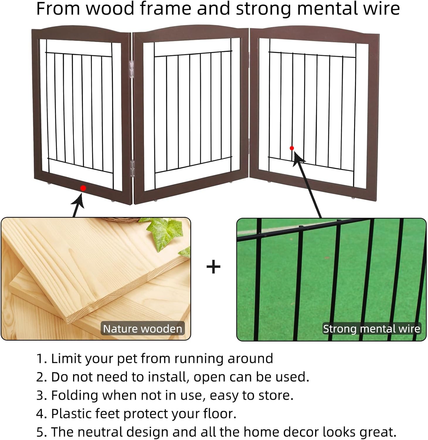 ZJSF Freestanding Foldable Dog Gate for House Extra Wide Wooden Brown Puppy Gate Stairs Dog Gates Doorways Tall Pet Gate 24 "Height 3 Panels Pet Fence