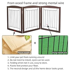 ZJSF Freestanding Foldable Dog Gate for House Extra Wide Wooden Brown Puppy Gate Stairs Dog Gates Doorways Tall Pet Gate 24 Height 3 Panels Pet Fence