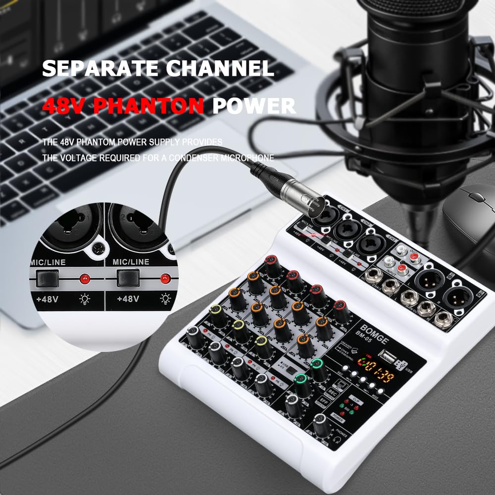 BOMGE Mixeur Audio, Table de Mixage Son avec 5 Canaux Numériques USB Bluetooth, Effet de Retard d’Écho, Alimentation Fantôme 48V, Mixeurs DJ Stéréo pour Enregistrement, Diffusion en Direct, Podcast