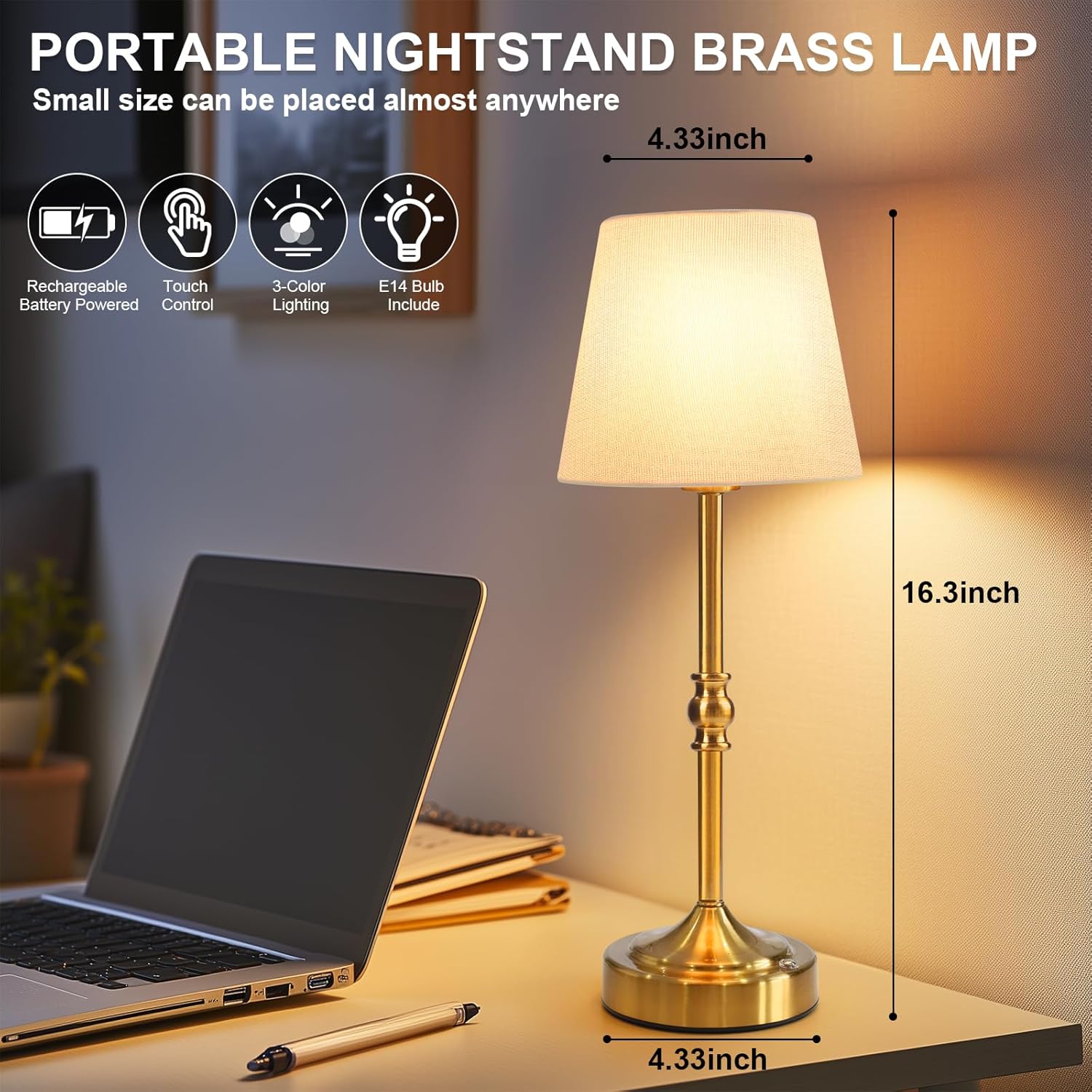 2 Pack Rechargeable Cordless Table Lamp, 5000mAh Battery Operated Lamps, Wireless 3-Level Dimmable Touch Lamp, Portable Night Bedside Brass Lamp, Desk Light for Patio Restaurant Dinnin (Gold)