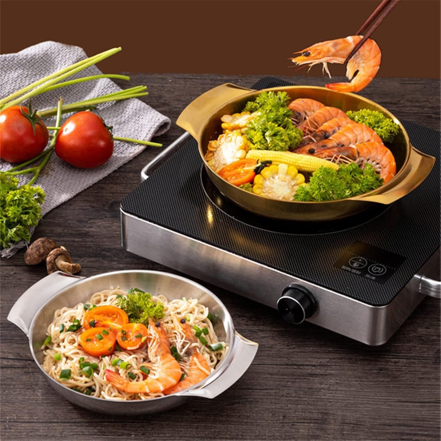 Pans Flat Bottom Stainless Steel Paella Frying Pans with Handles Non-Stick Saucepan Cooking Pot Kitchenware Cookware Kitchen Utensils