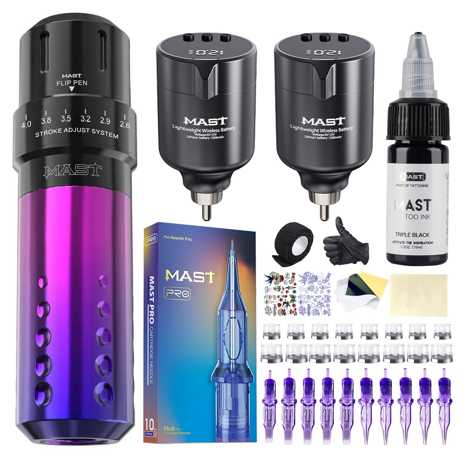 Mast Flip Complete Tattoo Kit -Wireless Cartridges Tattoo Machine with 7 Adjustable Strokes 2.6-4.0mm 2 Batteries Power Supply 20 Pro Needles Ideal for Lining Shading Coloring Professional Starter Set