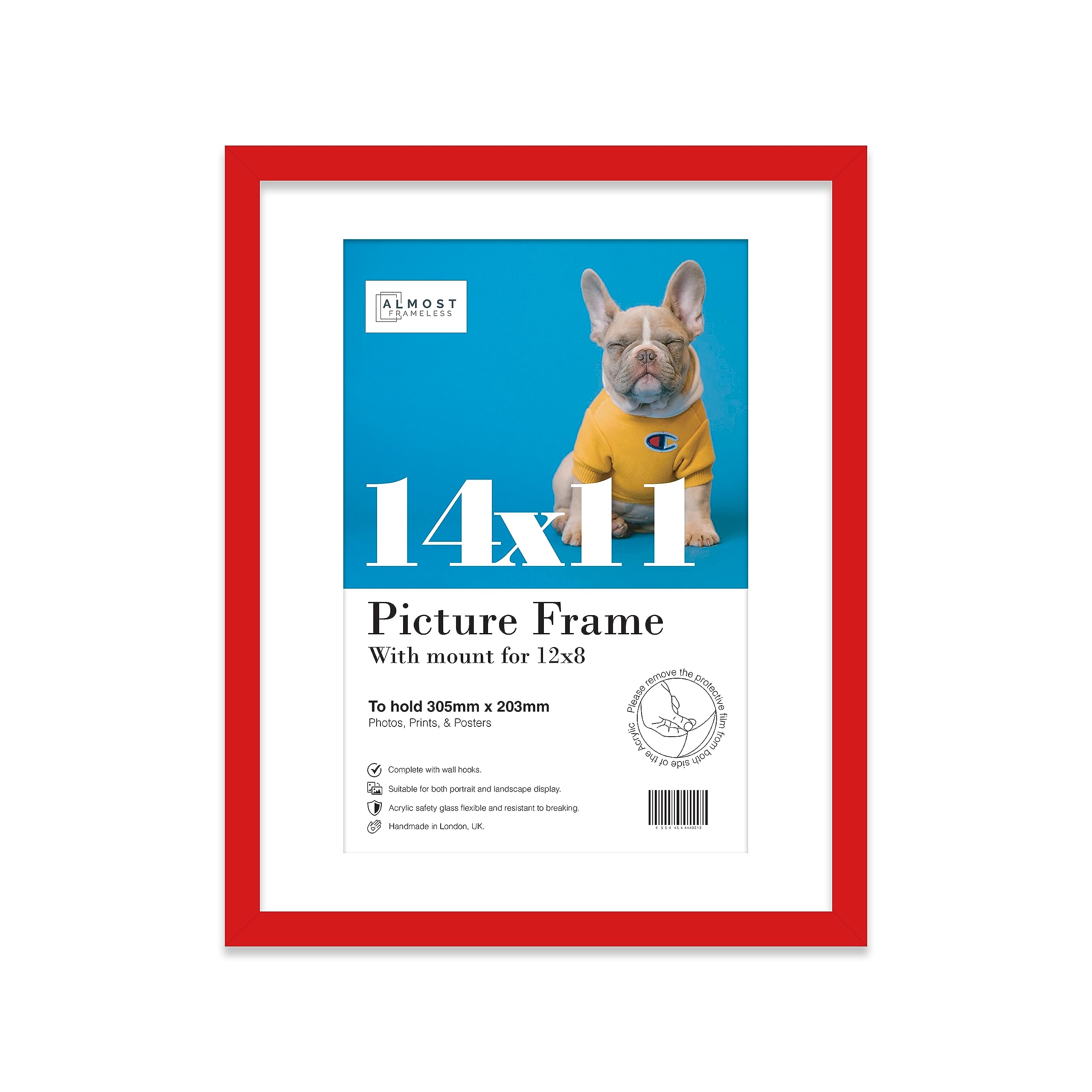 Almost Frameless 14x11 Red Picture Frame With Mount for 12x8 Print, Poster or Photo Poster, Photo, Artwork, or Print. Thin Edge Slim Frame Portrait and Landscape Display with Wall Hooks