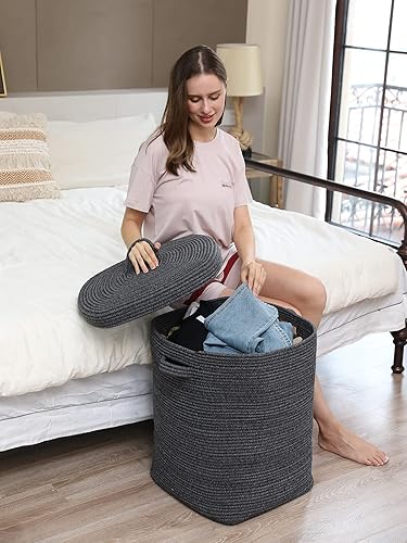 Miniatura 79 de Cesta de almacenamiento rectangular extragrande de 22 x 14 x 18 pulgadas con tapa, cesta de almacenamiento grande de cuerda de algodón, cesta
