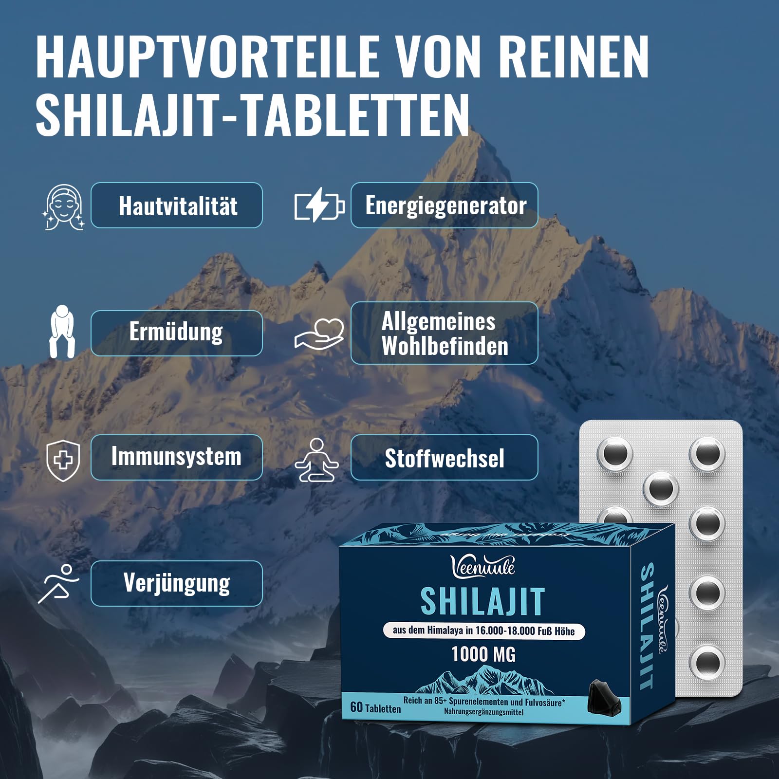 Shilajit Tabletten 30.000 mg Hochdosiert, 100 % Reines – Original Himalaya Shilajit, Reich an Fulvinsäure & 85+ Spurenelementen (60 stück (2er Pack))