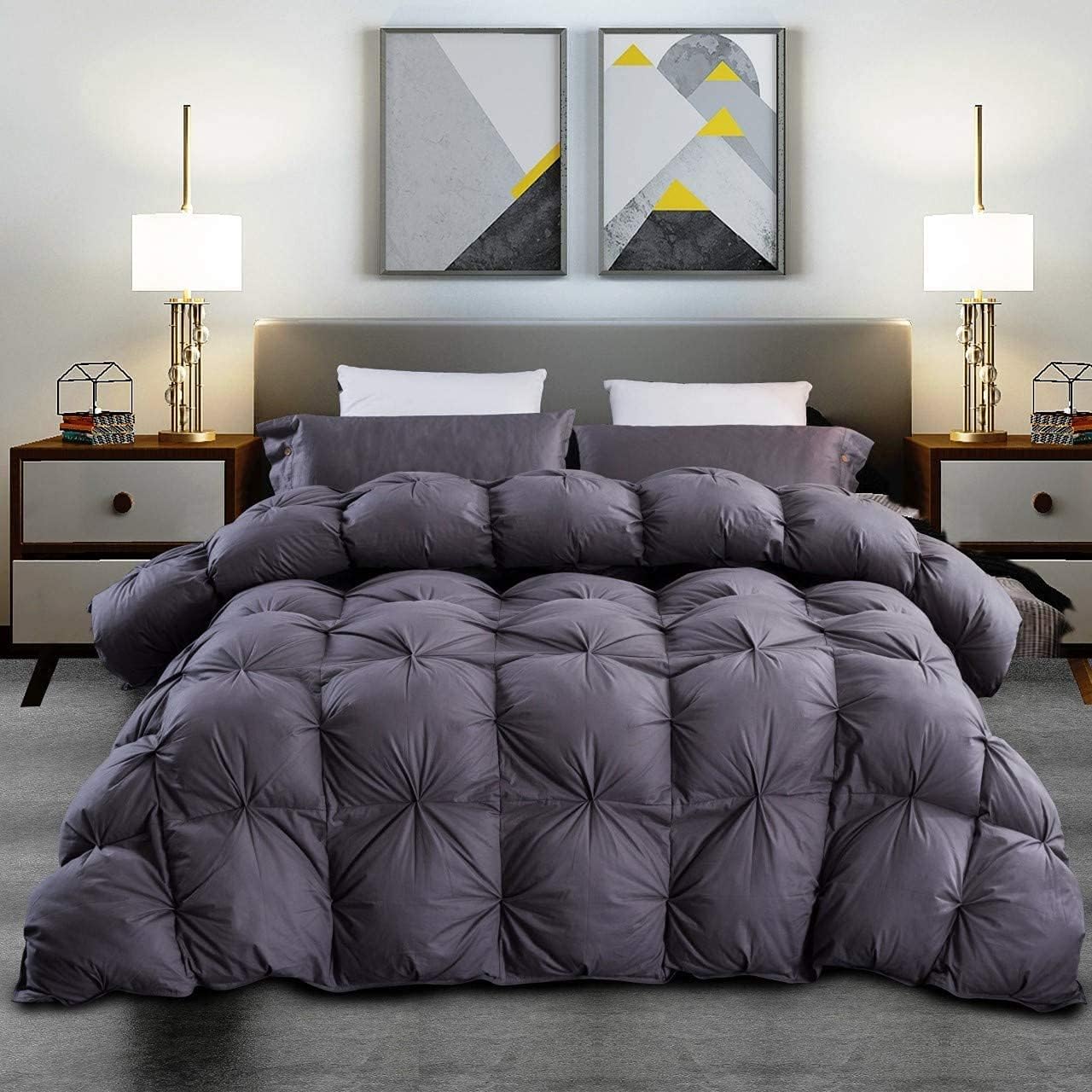 Luxurious Oversize Gray Goose Down Feather Comforter Duvet 108 X 98 inches, Pinch Pleat, 750+ Fill, 85 oz. Fill Weight, 1200 Thread Count 100% Egyptian Cotton (California King/Palatial King, Gray)
