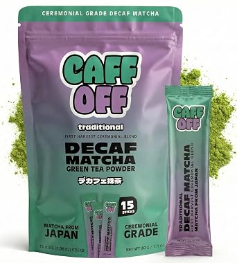 Decaf Matcha Green Tea Powder From Japan - 15 Sticks 2 g each / 30 g total - Ceremonial Grade - Naturally Decaffeinated Using No Chemicals - Tested For Heavy Metals & Pestacides - First Harvest & Shade Grown Caffeine Free Matcha Powder