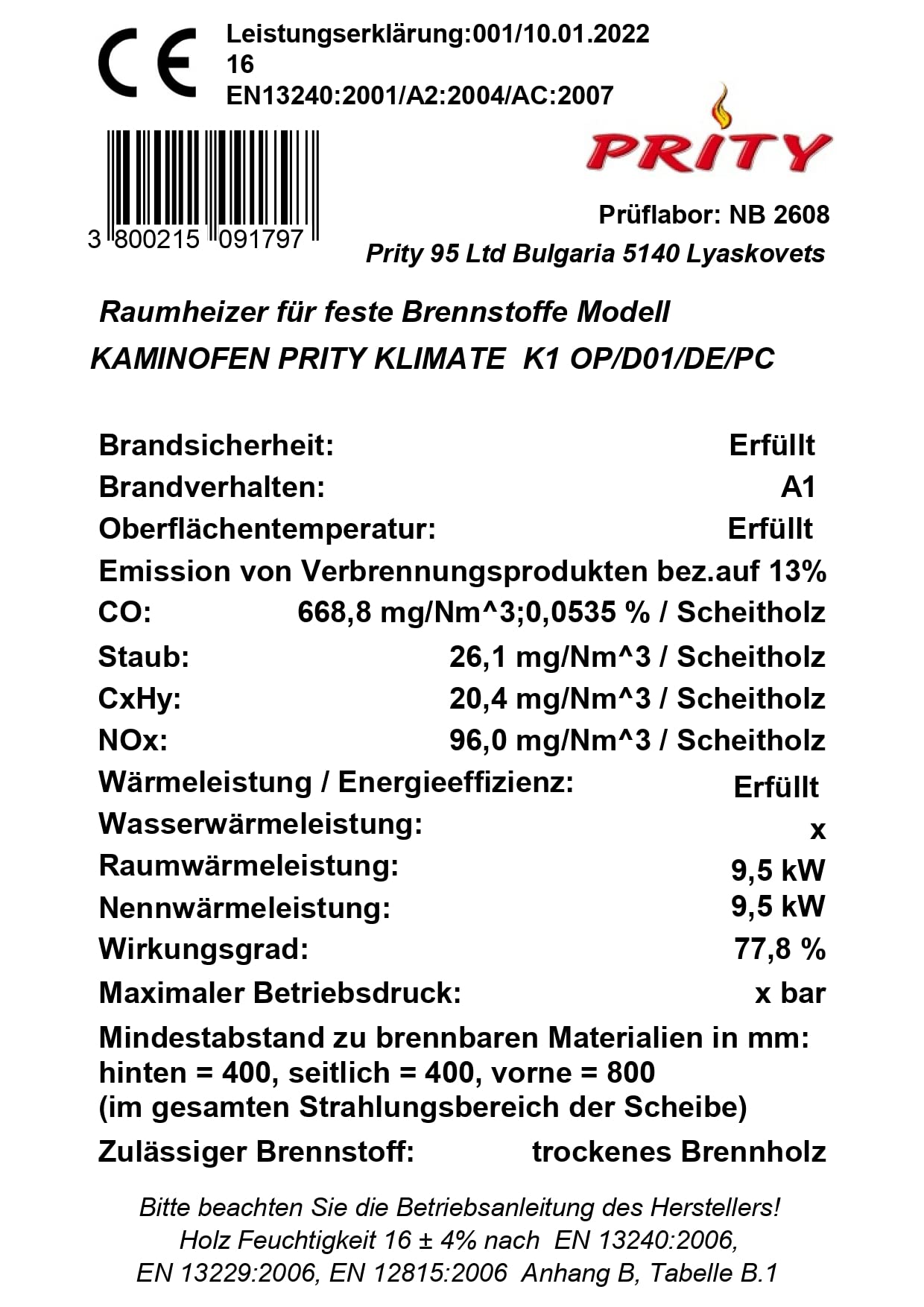 Prity K1 Optima Poêle à bois multi-combustible 8 kW