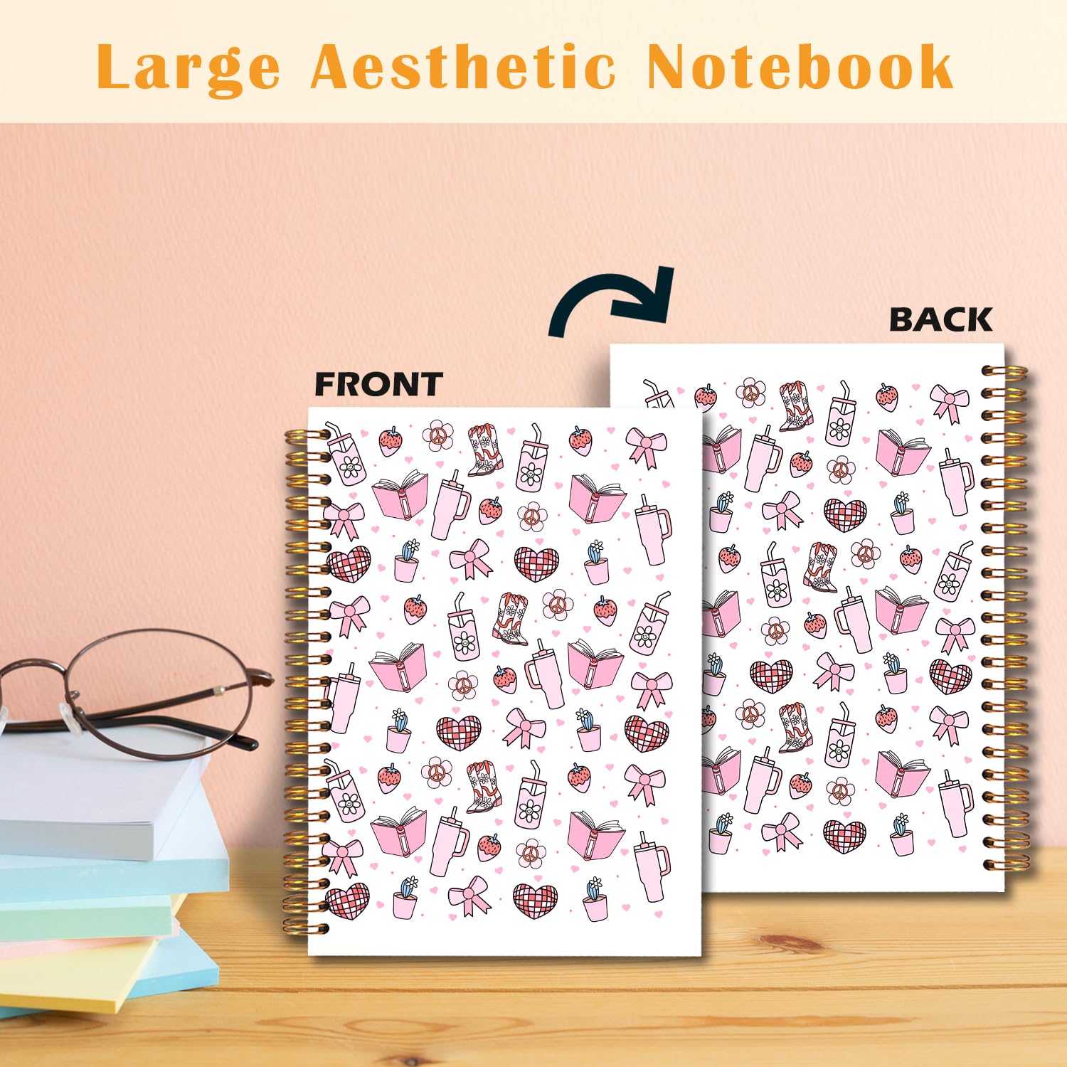 JINYO Taccuino carino da ragazza, Coquette Pink Bow Strawberry Journal, diario estetico preppy per donne, forniture per ufficio Coquette Girly, quaderni a spirale preppy da 14 x 20 cm