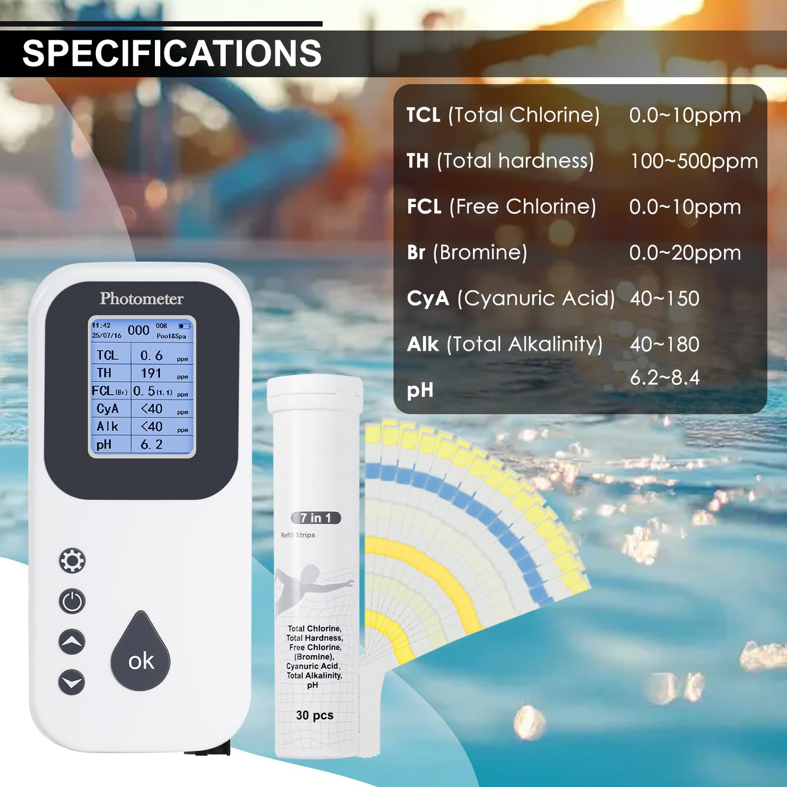 Analizzatore Acqua Digitale per Piscina e Spa Test Kit Professionale per Cloro Libero e Totale, pH, Durezza, Alcalinità, Acido Cianurico, Bromo Tecnologia Fotoelettrica Include Strisce Reattive