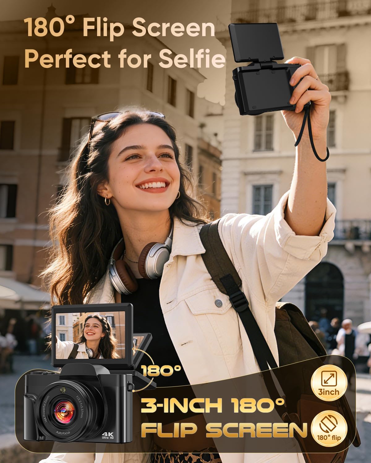 4K Digital Camera for Photography with WiFi,64MP Autofocus 3'' 180° Flip Screen 16X Zoom Vlogging Camera for YouTube, Compact Travel Camera for Beginners, Anti-Shake, 32GB Card, 2 Batteries, Black