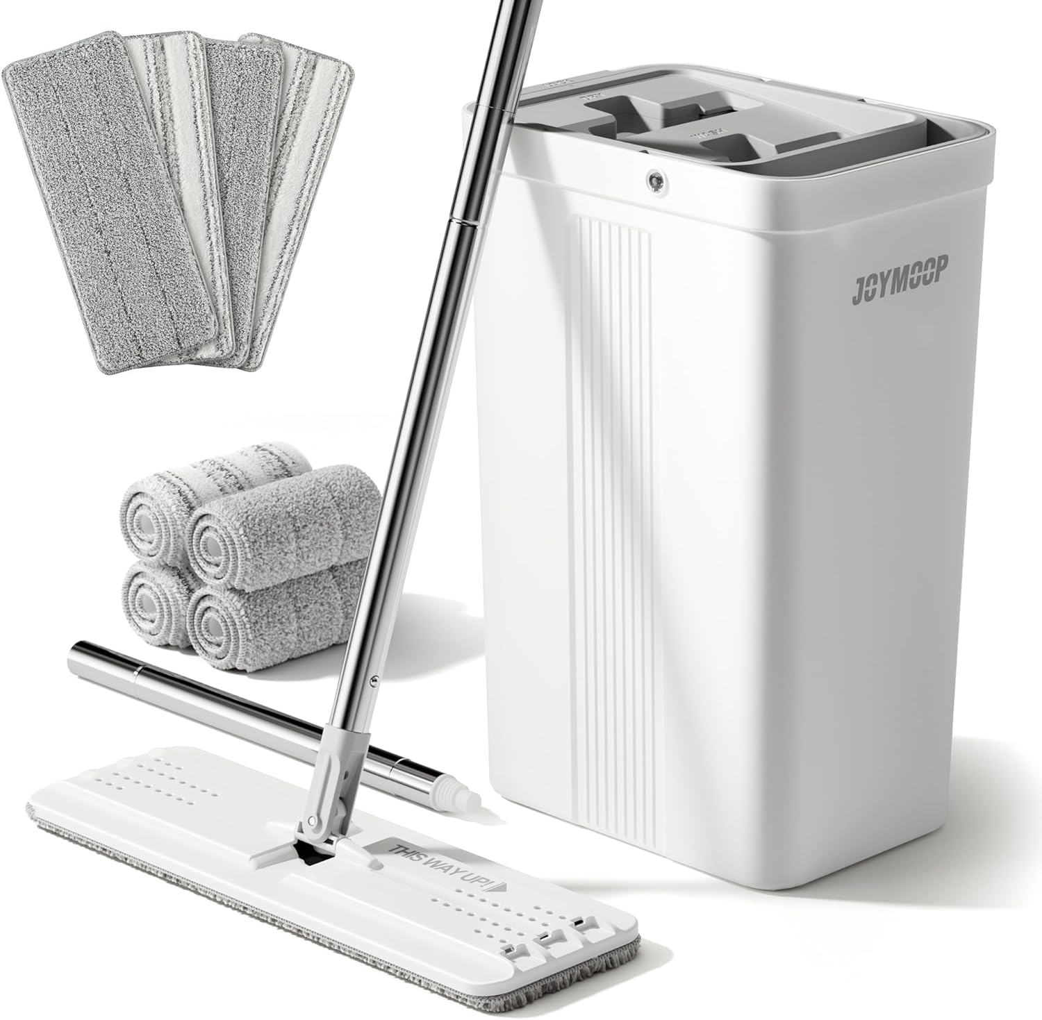 JOYMOOP Mop and Bucket with Wringer Set with 61" Mop Handle with Flexible 13" Flat Head with 8 pcs Microfiber Mop Pads - White