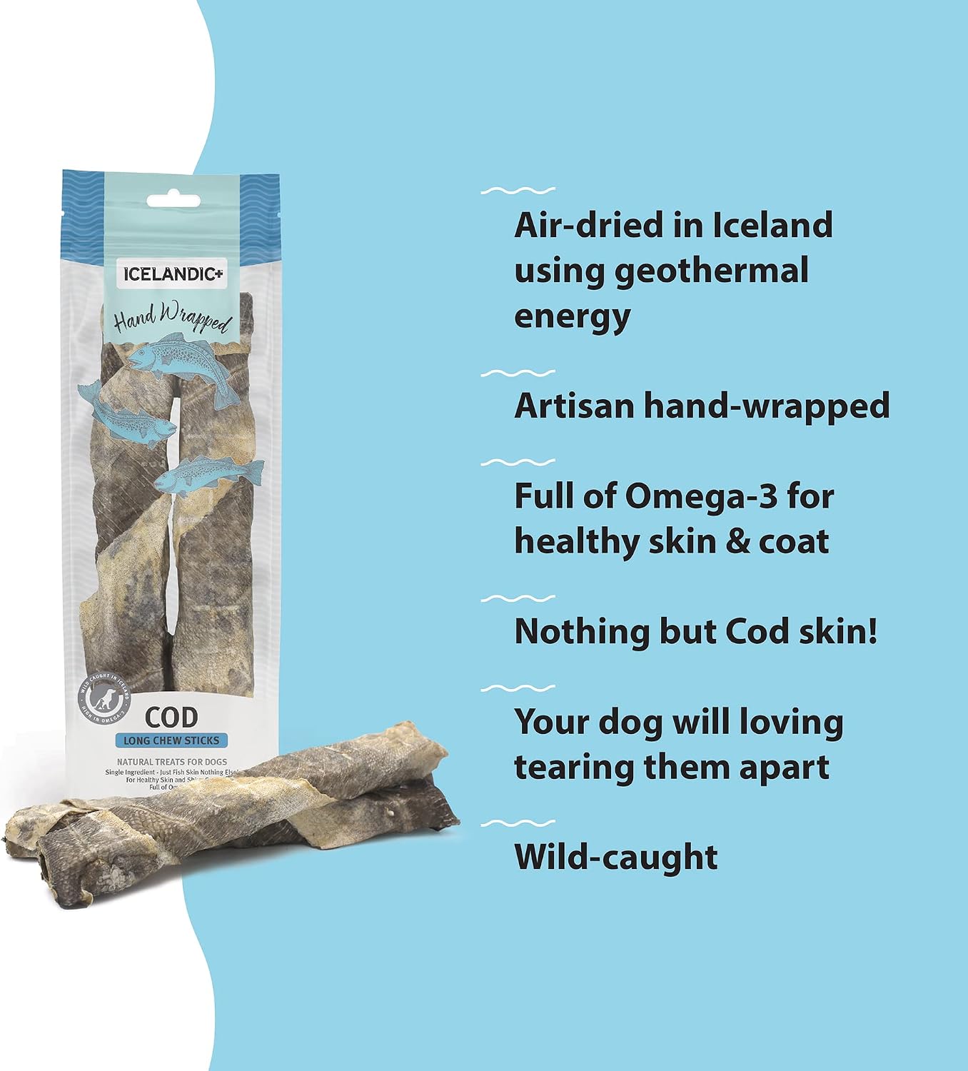 Icelandic+ Plus Cod Skin 10" Long Hand Wrapped Dog Chew Stick, 2-Pack, 3.2-oz Bag