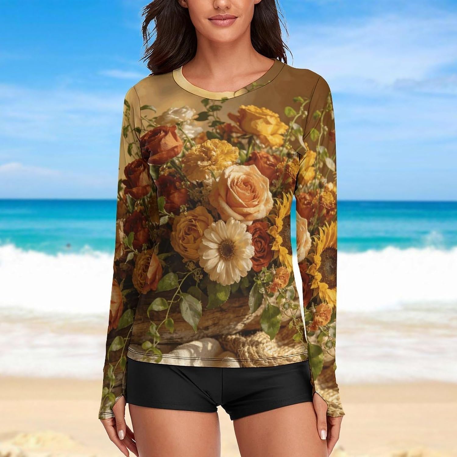 Boho Floral Rash Guard for Women UPF 50+ UV Sun Protection | Long Sleeve Workout Top Quick Dry Athletic Hiking Shirt Moisture Wicking Swim Shirt for Running, Cycling, Swimming