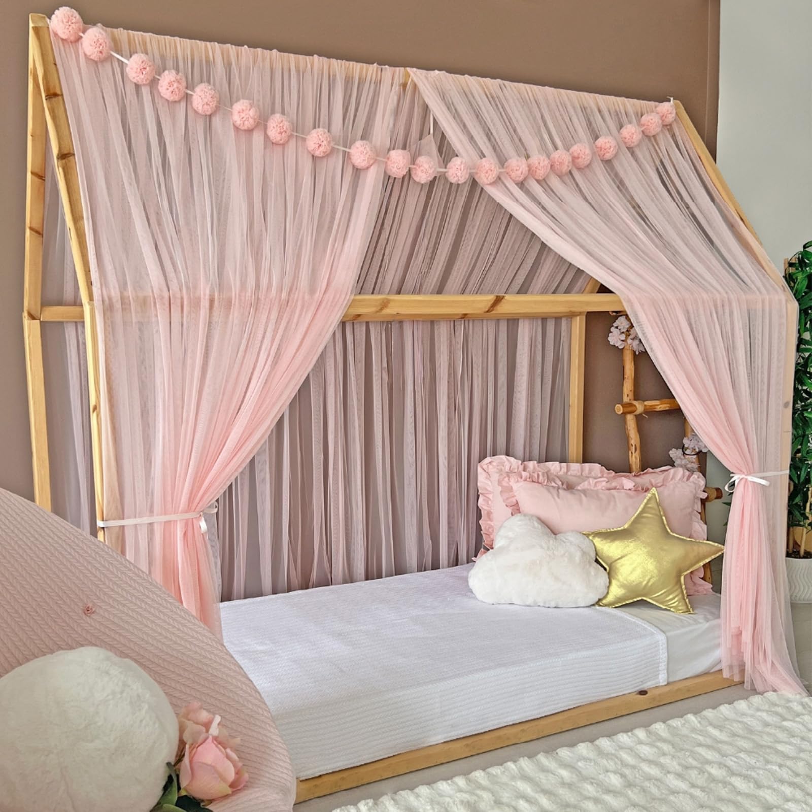 Toldo de cama estilo princesa para niñas, decoración de habitación de niños para camas Montessori, regalo de tul suave para niños pequeños (rosa bebé, 300 cm, sin accesorios)