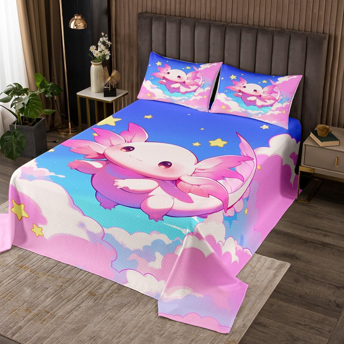 jejeloiu Cute Axolotl Bedspread Cartoon Salamander Bedspread for Kids Boys Girls Star Print Coverlet Set Ocean Sealife Quilted Bedroom Collection 2Pcs Twin Size