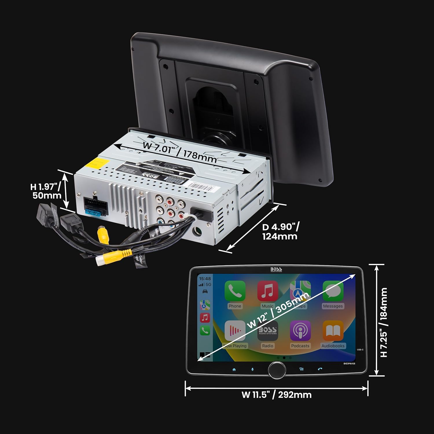 Diagram showing dimensions of the 12-inch floating display and the single DIN head unit