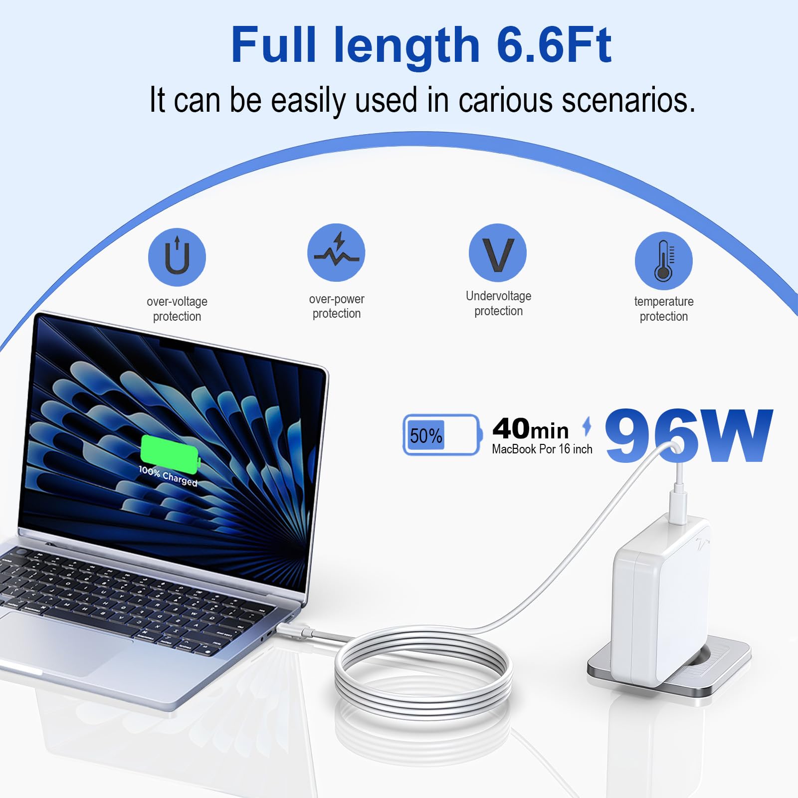 COOYA 96W USB C Caricatore, per MacBook Pro 16, 15, 14, 13 pollici 2024, 2023, 2022, 2021, M3 M2 M1, per MacBook Air, Compatibilità all USB-C laptop, Compatibile con iPad, con 6.6ft Type C 5A cavo.