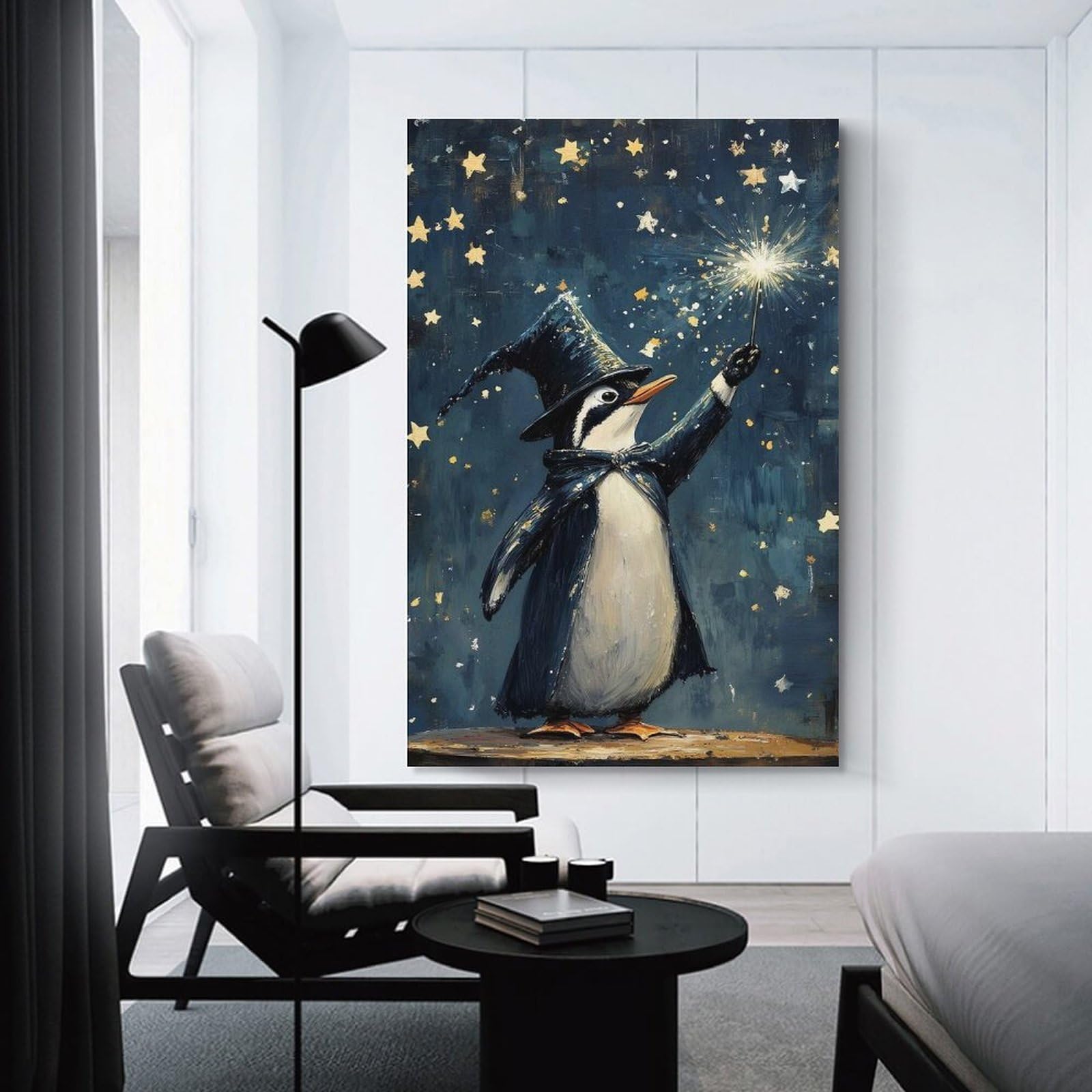 Junmoney Penguin Wizard with Wand And Stars Canvas Wall Picture, 20x30inch(50x75cm), for Study, Office Or Apartment Decor, A Wall Art Gift for Fresh Interiors
