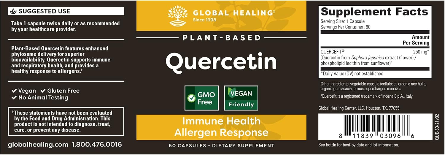 Global Healing Quercetin 250 mg Supplement to Support Immune System Function, Respiratory Health & Body's Natural Response to Occasional Allergies - QuerceFIT Without Bromelain & Zinc - 60 Capsules