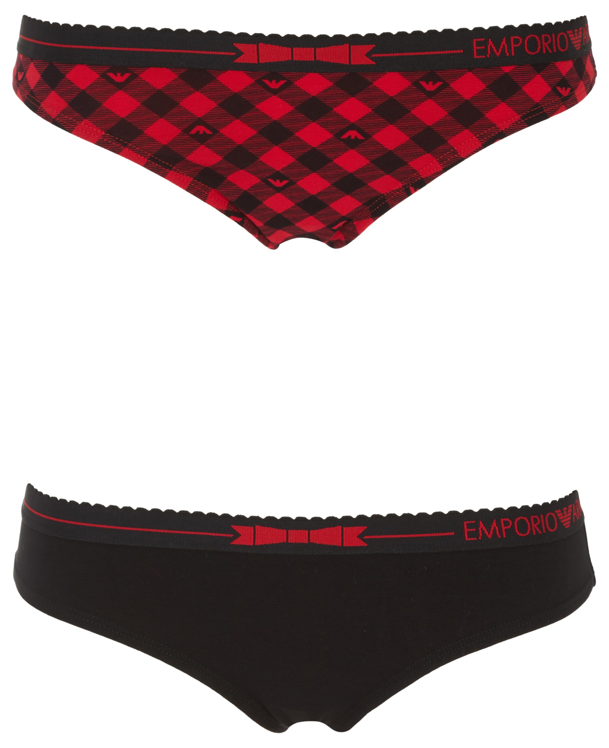 Emporio Armani Women's Tartan Christmas Cotton 2-Pack Brasilian Underwear, Vichy Rosso/Nero, XL