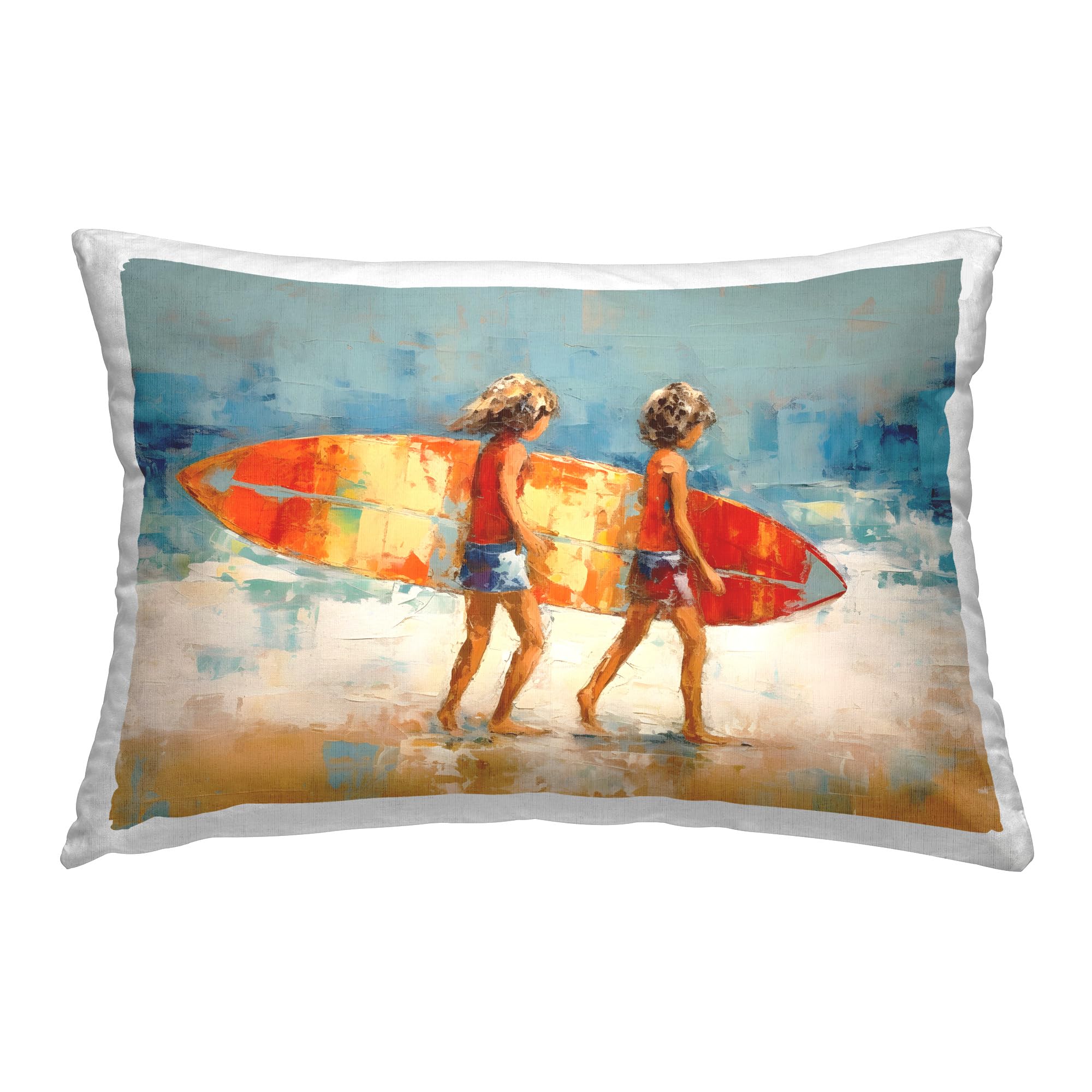 Stupell Industries Kids Holding Surfboard Indoor Printed Throw Pillow, 14 x 20, Multi-Color