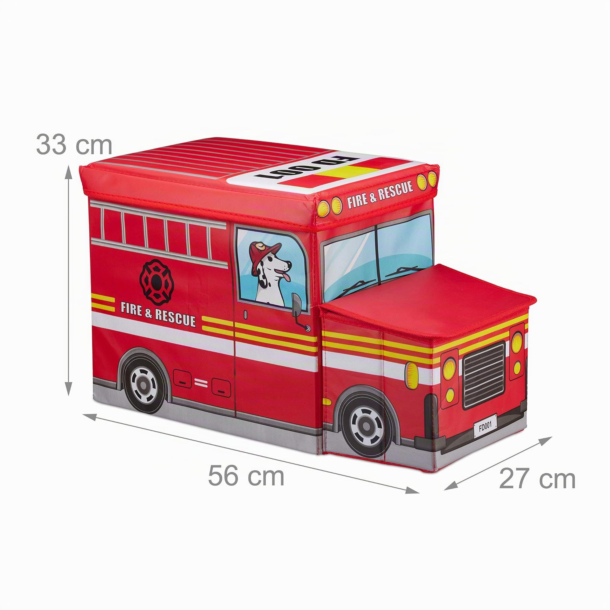 Relaxdays Sgabello Bambini Contenitore Giocattoli con Scomparto, Pieghevole, Camioncino Vigili del Fuoco 50 l Rosso