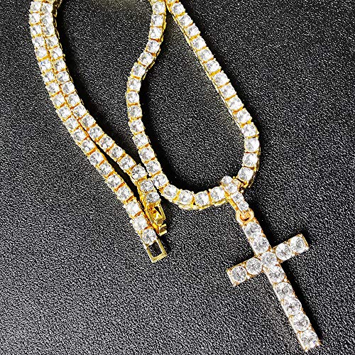 HH Bling Empire Mens Iced Out Hip Hop Silver Gold Artificial Diamond Ankh Cross Pendant cz Tennis Chain Necklace 22 Inch (Cross C -Gold, with Tennis)